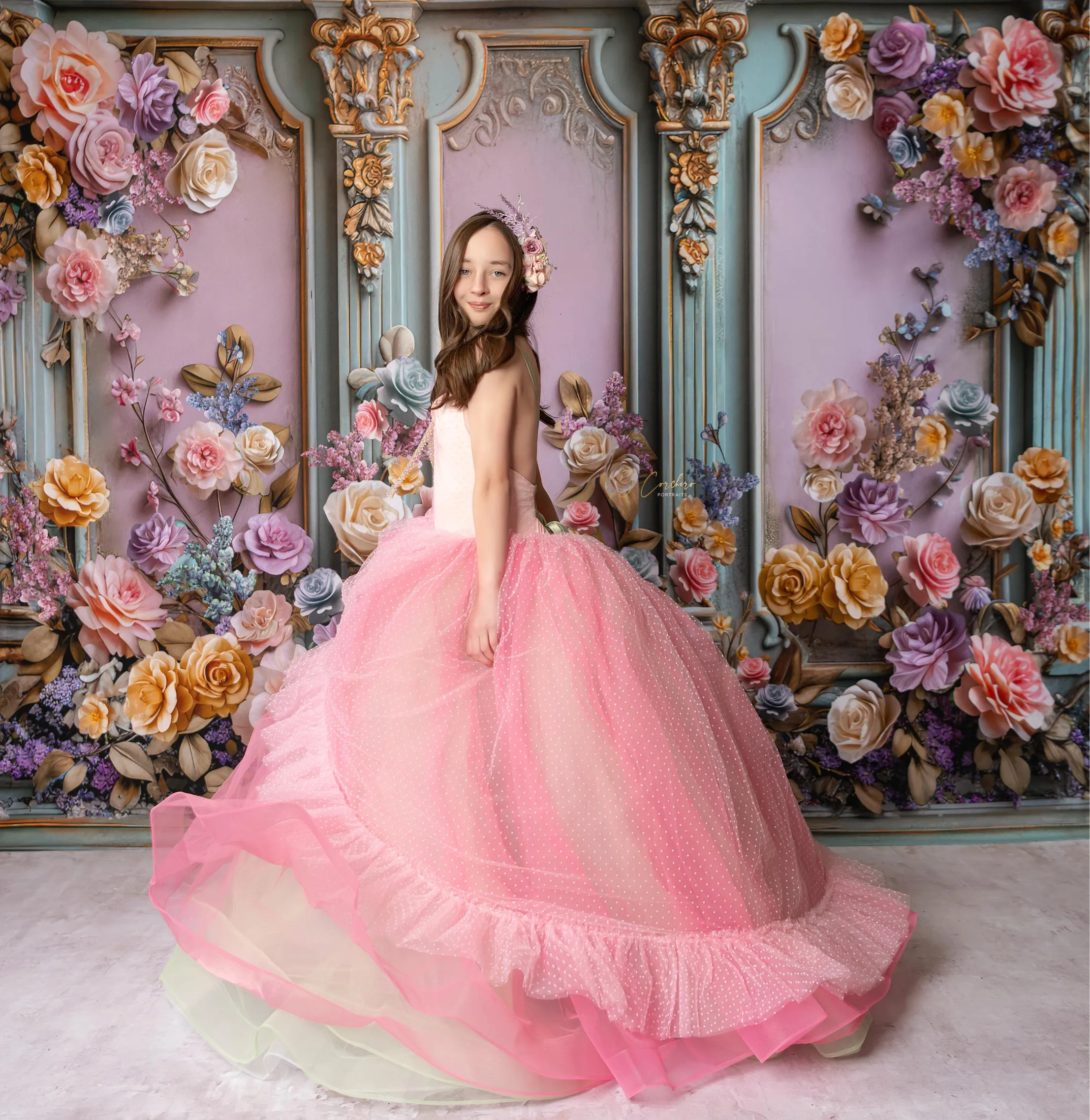 "Swish Dot" Couture Pastel  Floor length gown  ( 8 Year - Petite 11 Year)