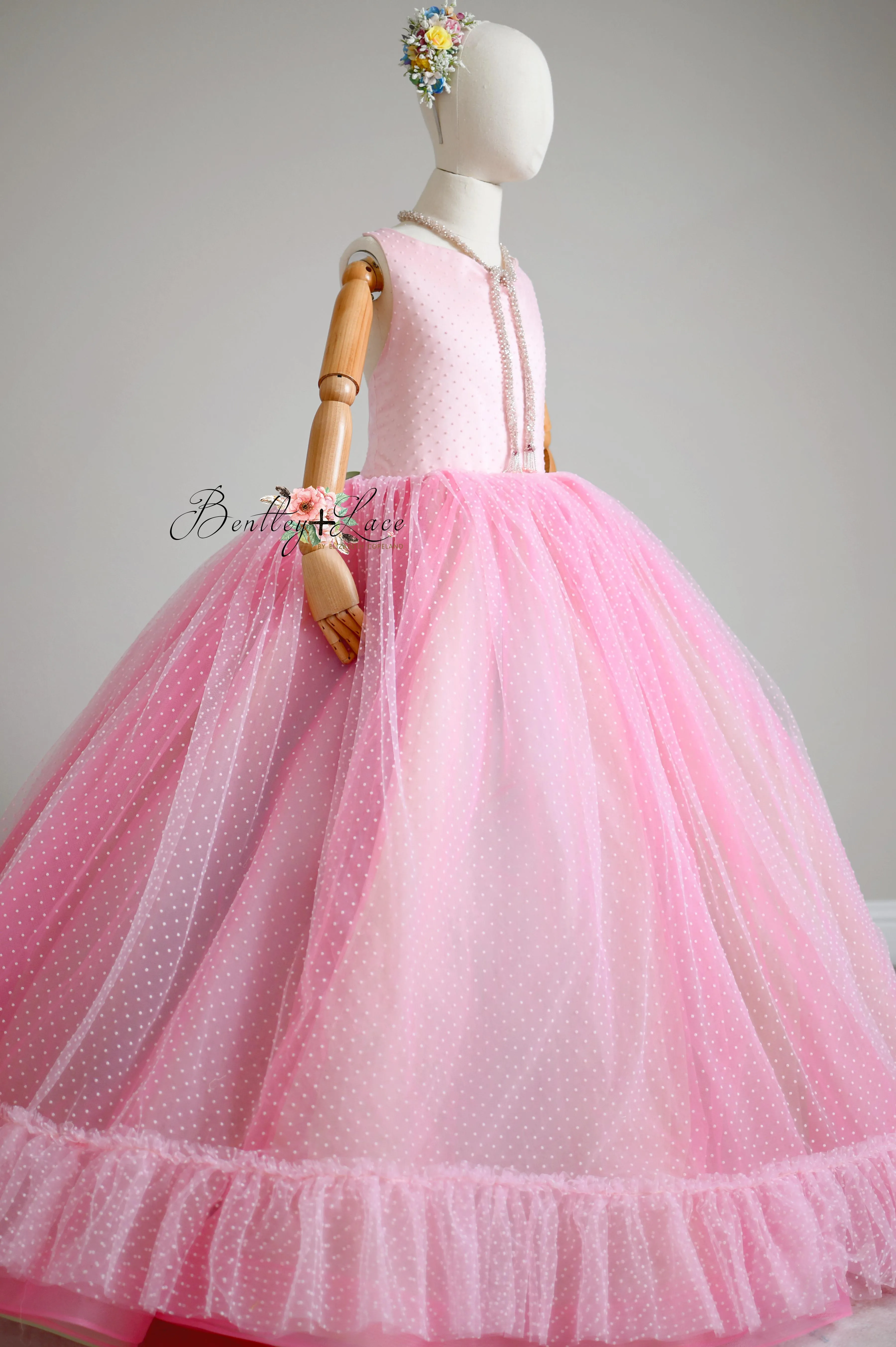 "Swish Dot" Couture Pastel  Floor length gown  ( 8 Year - Petite 11 Year)