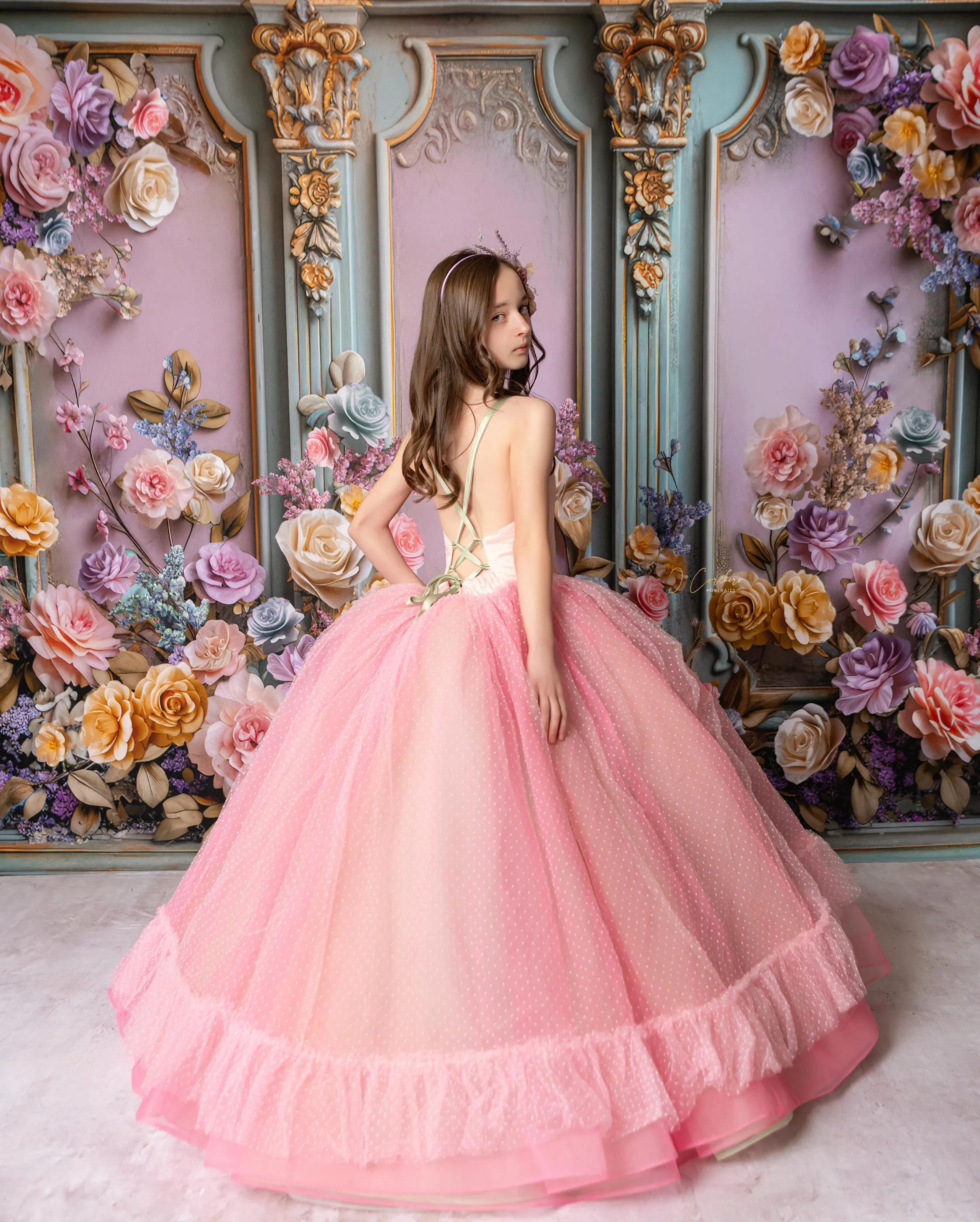 "Swish Dot" Couture Pastel  Floor length gown  ( 8 Year - Petite 11 Year)