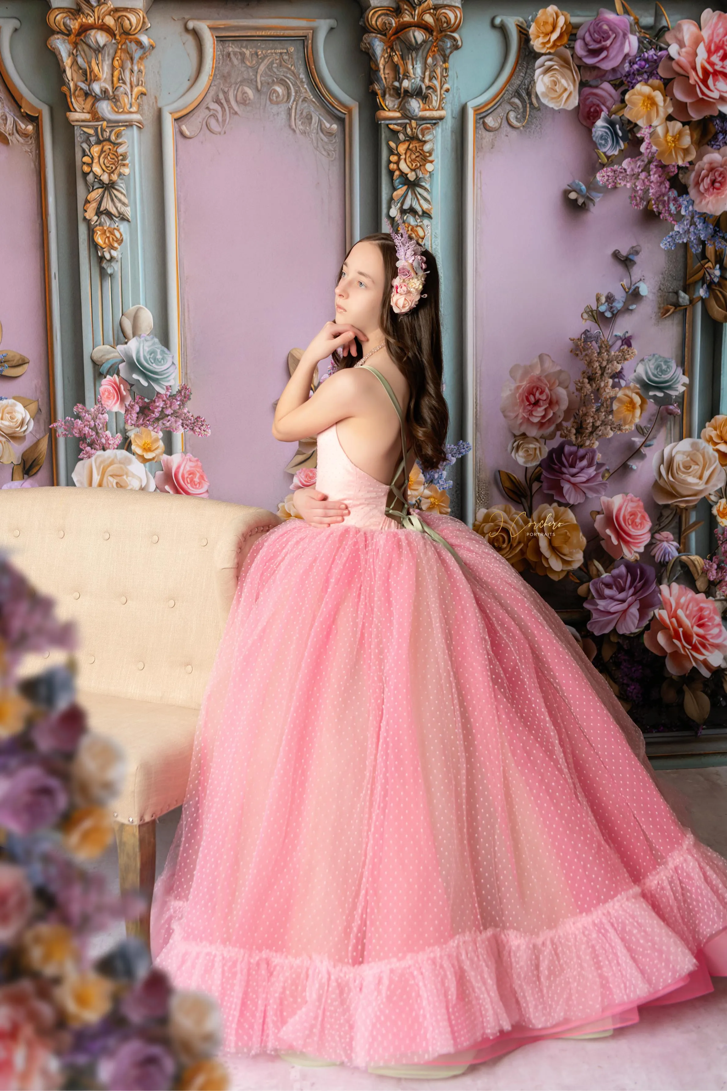 "Swish Dot" Couture Pastel  Floor length gown  ( 8 Year - Petite 11 Year)