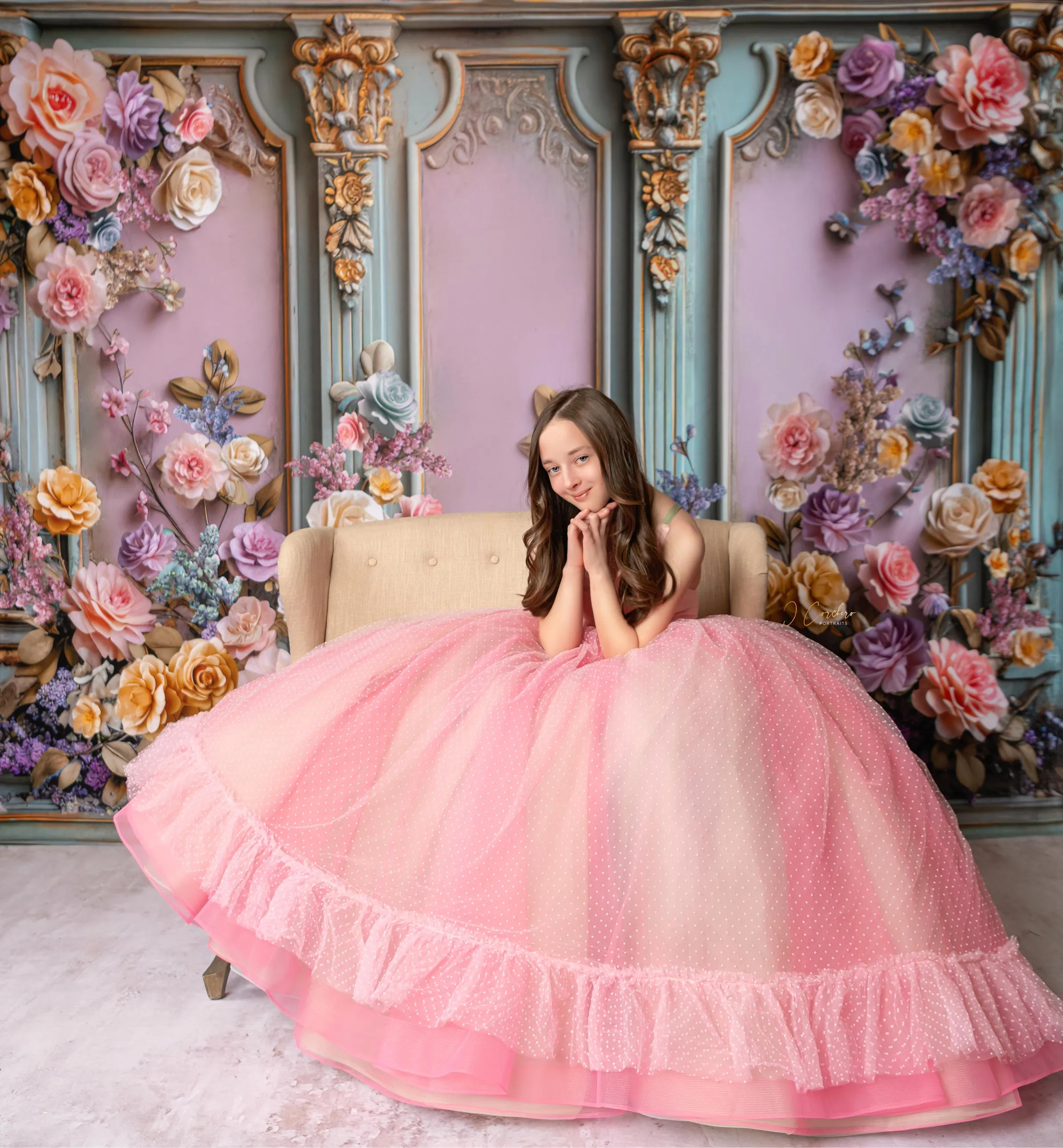 "Swish Dot" Couture Pastel  Floor length gown  ( 8 Year - Petite 11 Year)
