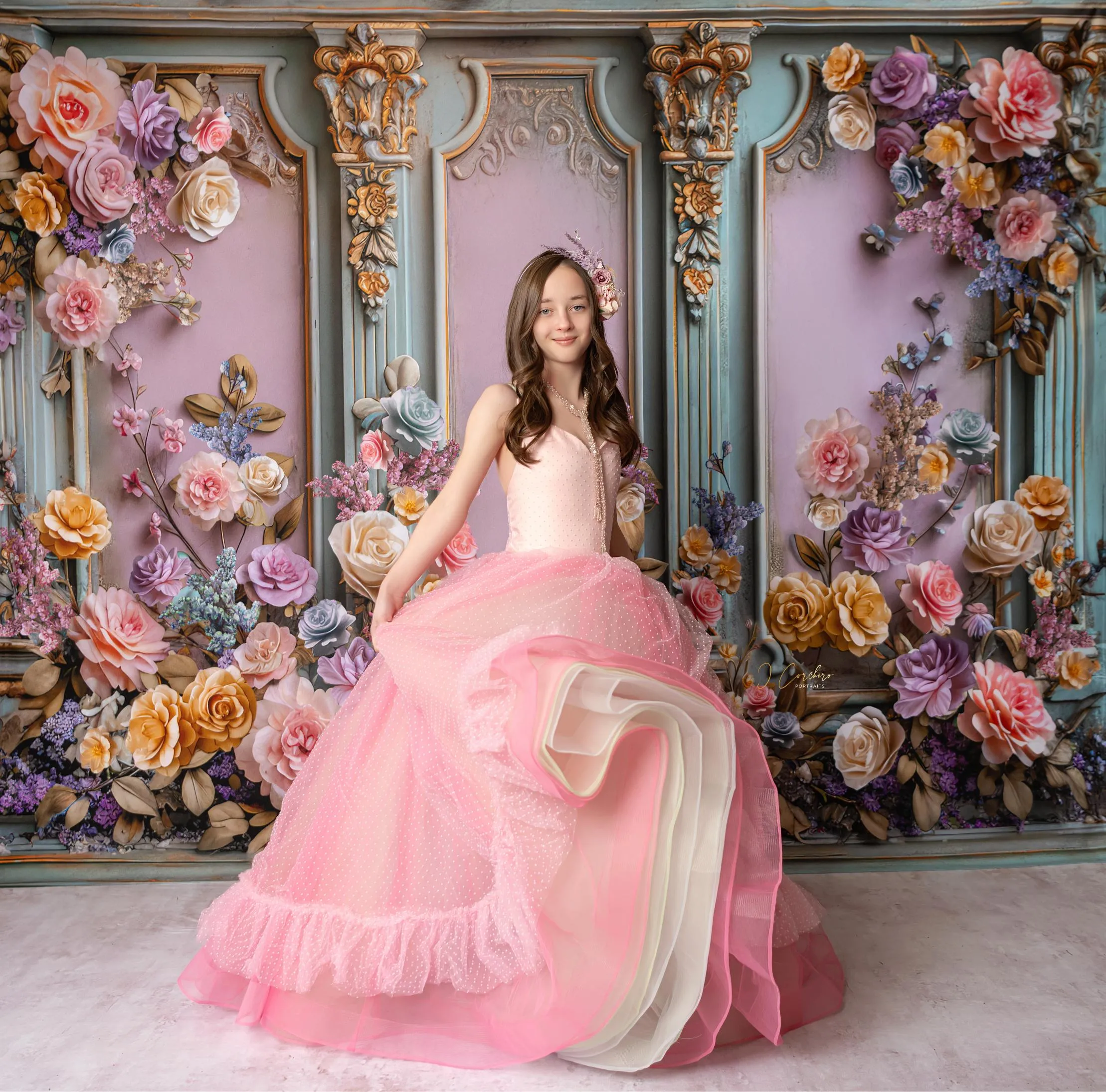 "Swish Dot" Couture Pastel  Floor length gown  ( 8 Year - Petite 11 Year)