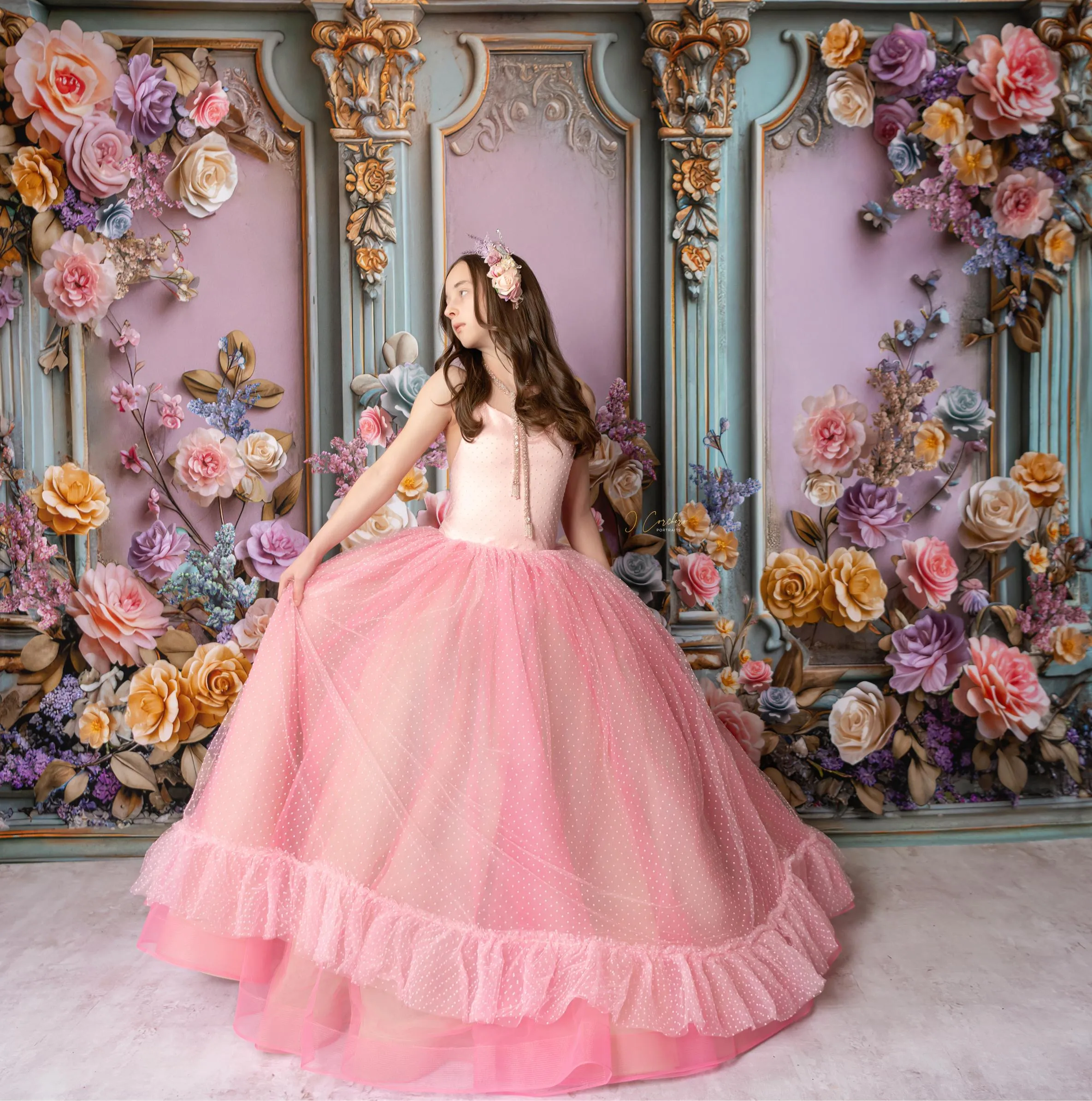 "Swish Dot" Couture Pastel  Floor length gown  ( 8 Year - Petite 11 Year)