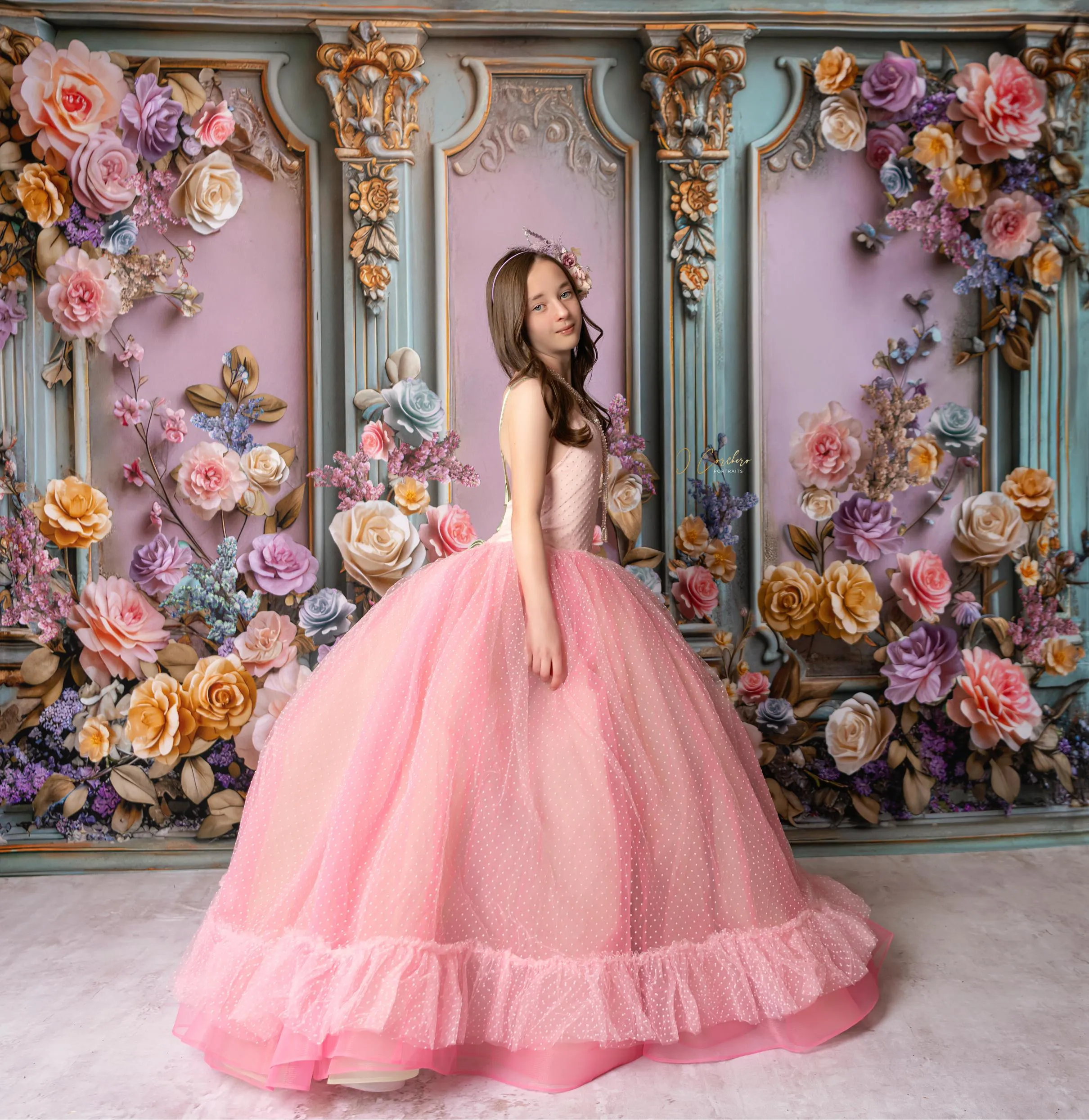 "Swish Dot" Couture Pastel  Floor length gown  ( 8 Year - Petite 11 Year)