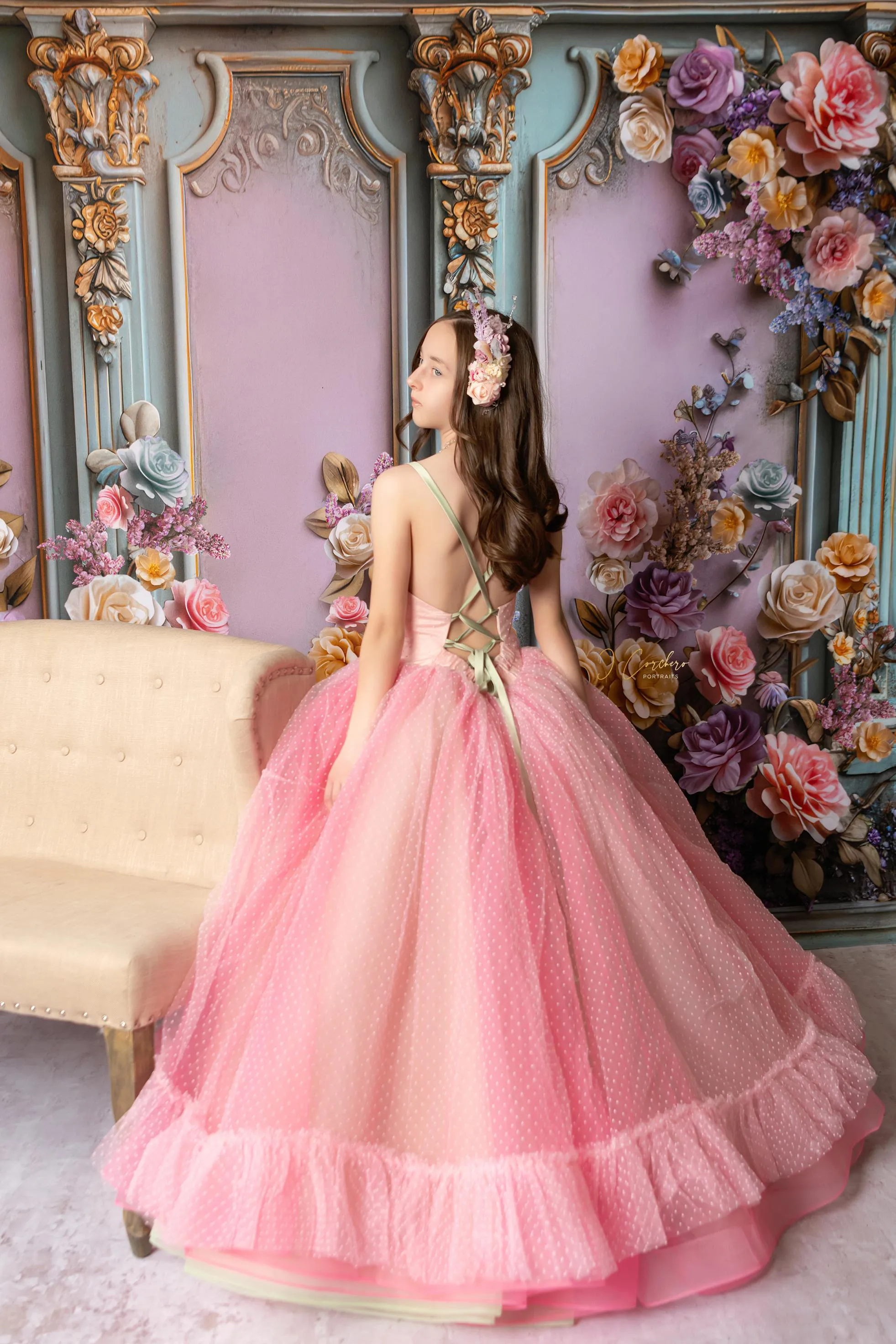 "Swish Dot" Couture Pastel  Floor length gown  ( 8 Year - Petite 11 Year)
