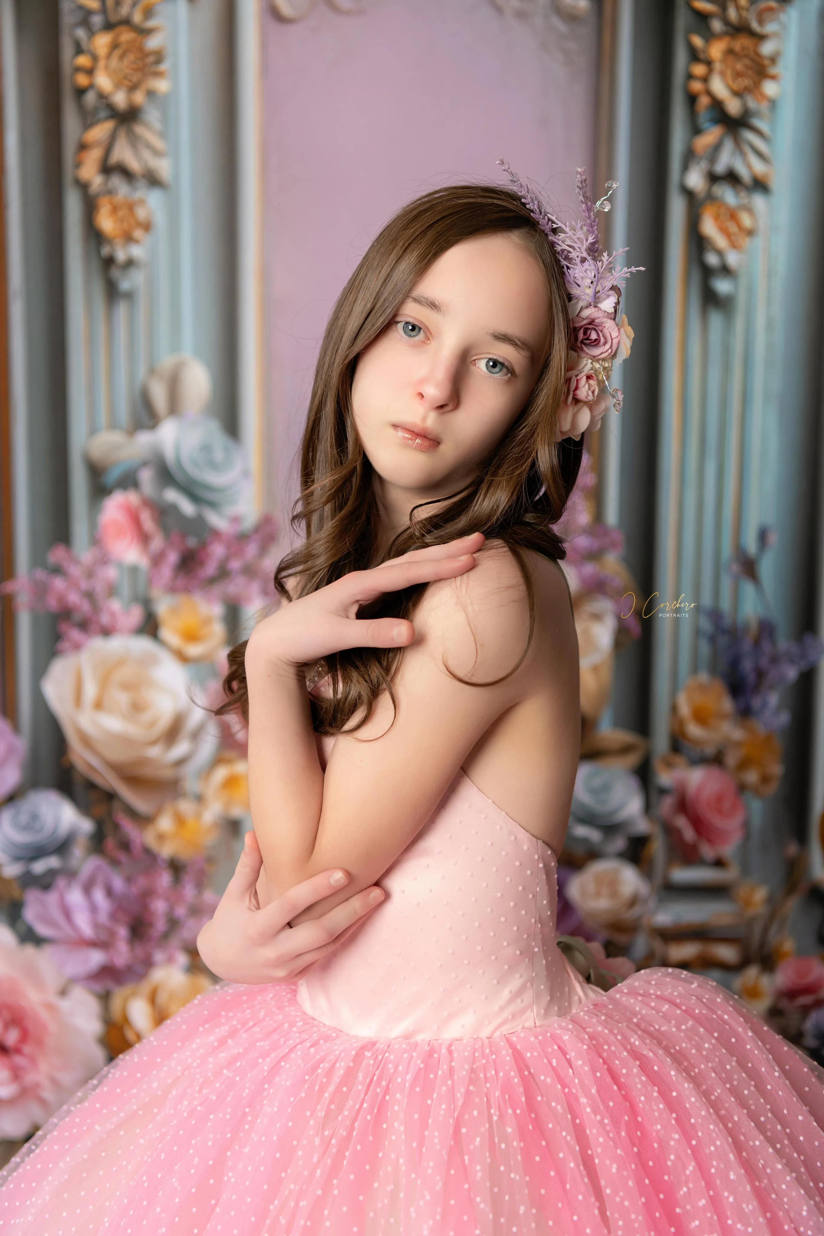 "Swish Dot" Couture Pastel  Floor length gown  ( 8 Year - Petite 11 Year)