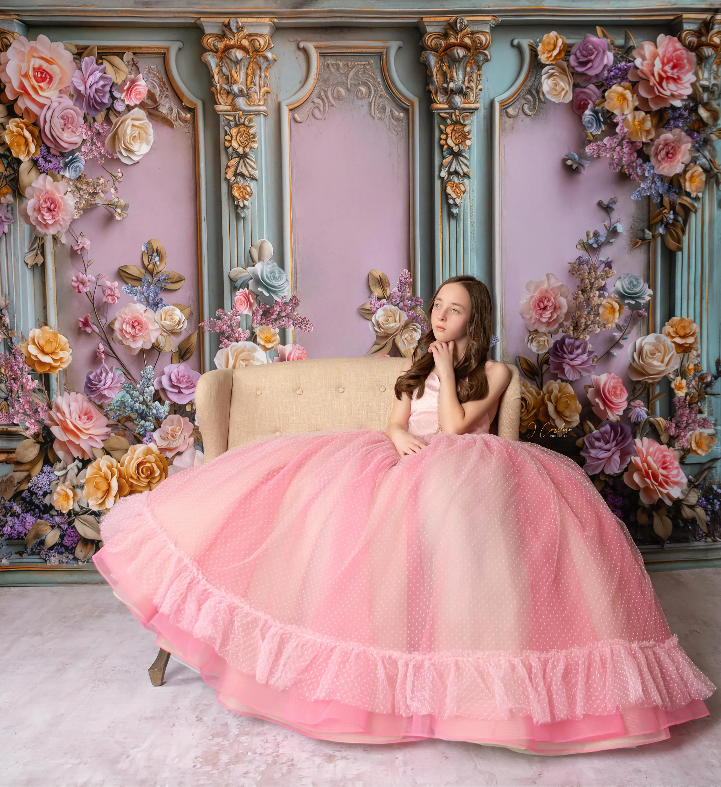 "Swish Dot" Couture Pastel  Floor length gown  ( 8 Year - Petite 11 Year)