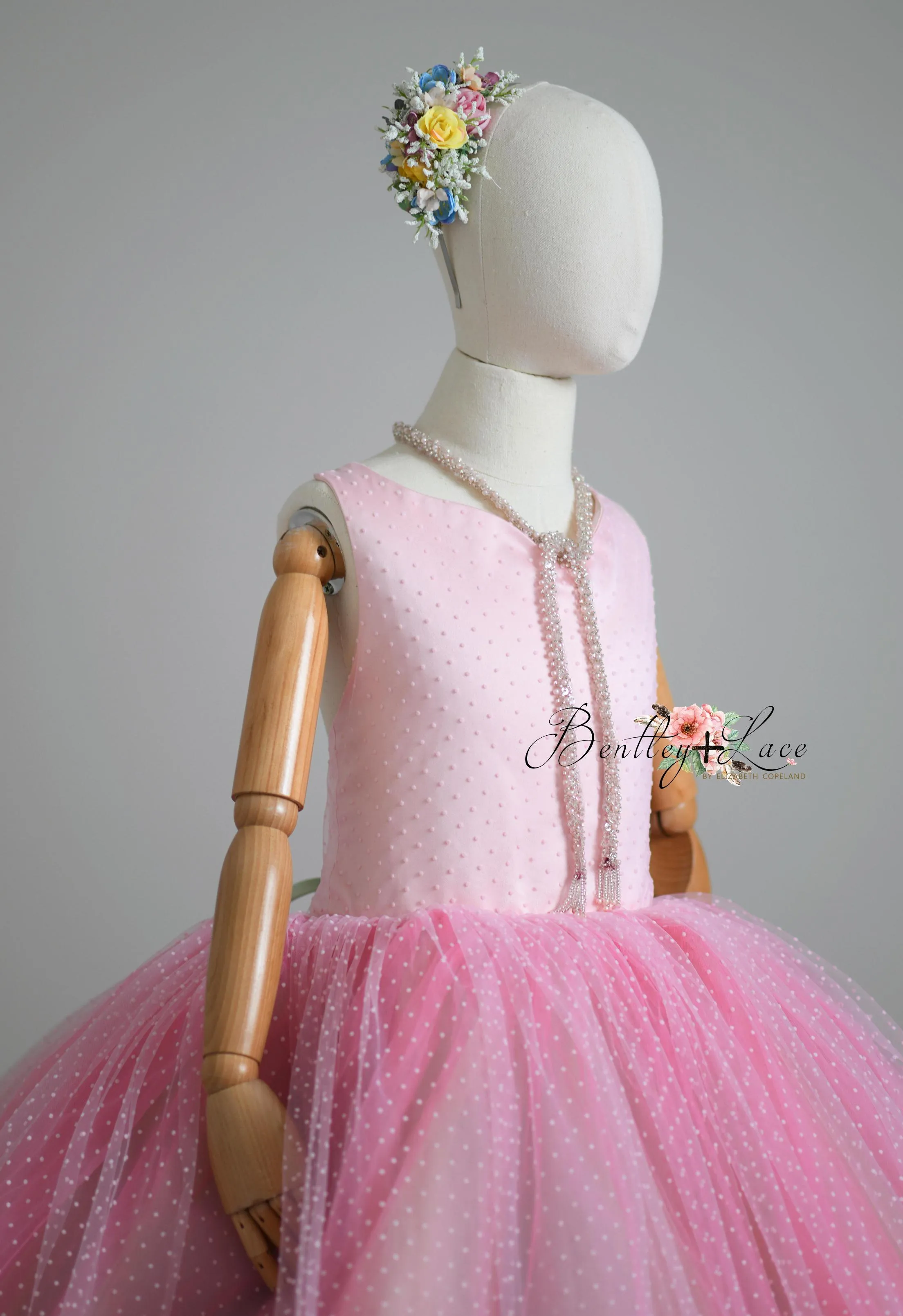 "Swish Dot" Couture Pastel  Floor length gown  ( 8 Year - Petite 11 Year)