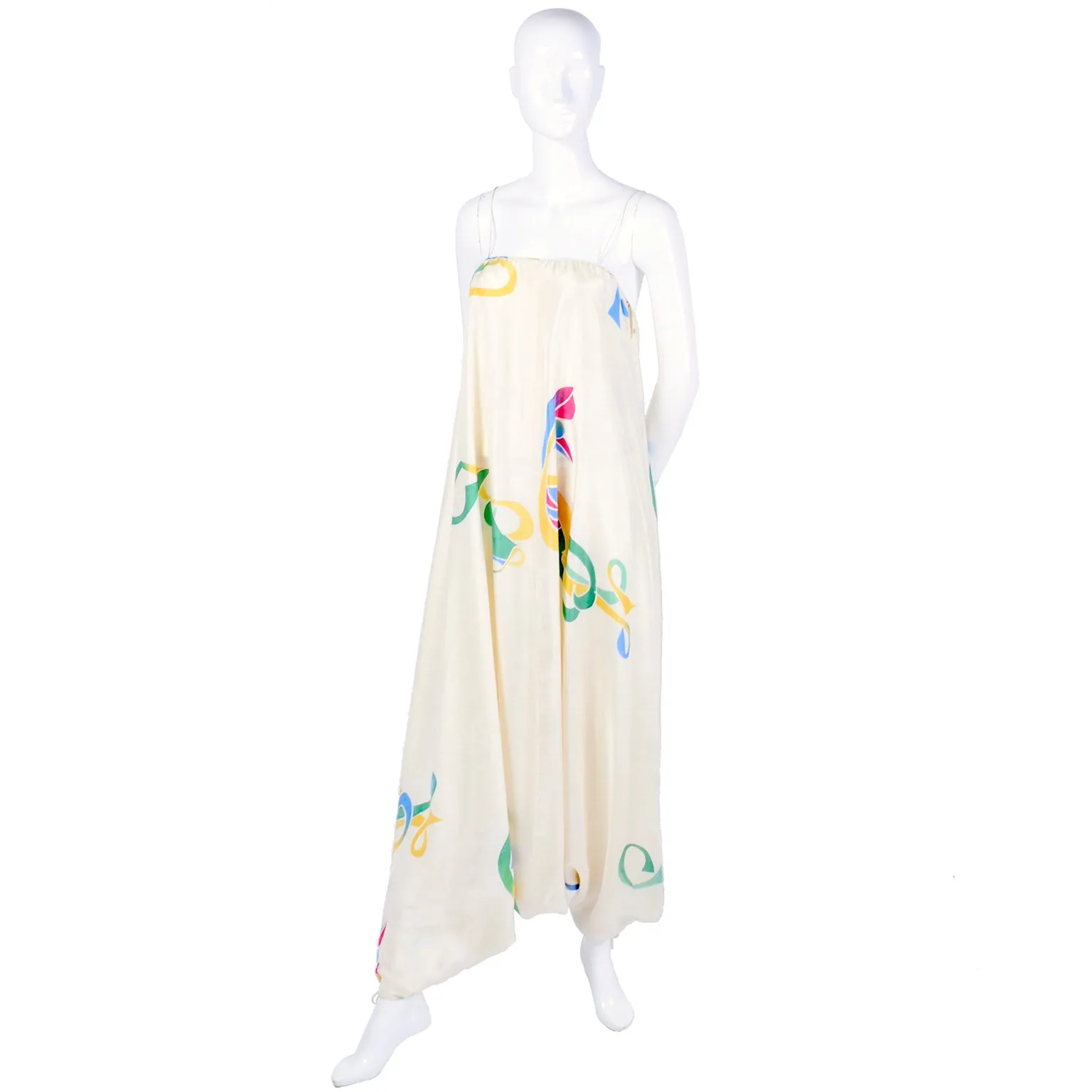 Rare Early Mary McFadden Vintage Jumpsuit in Hand Painted Silk, c. 1978
