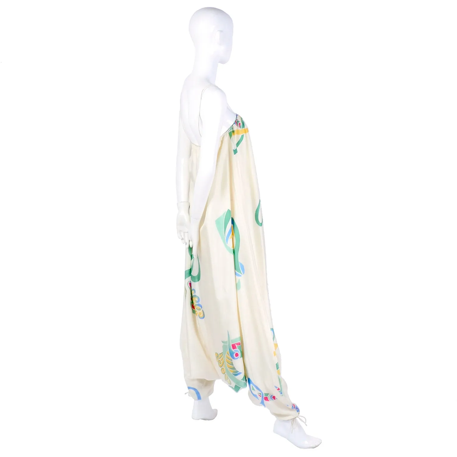 Rare Early Mary McFadden Vintage Jumpsuit in Hand Painted Silk, c. 1978