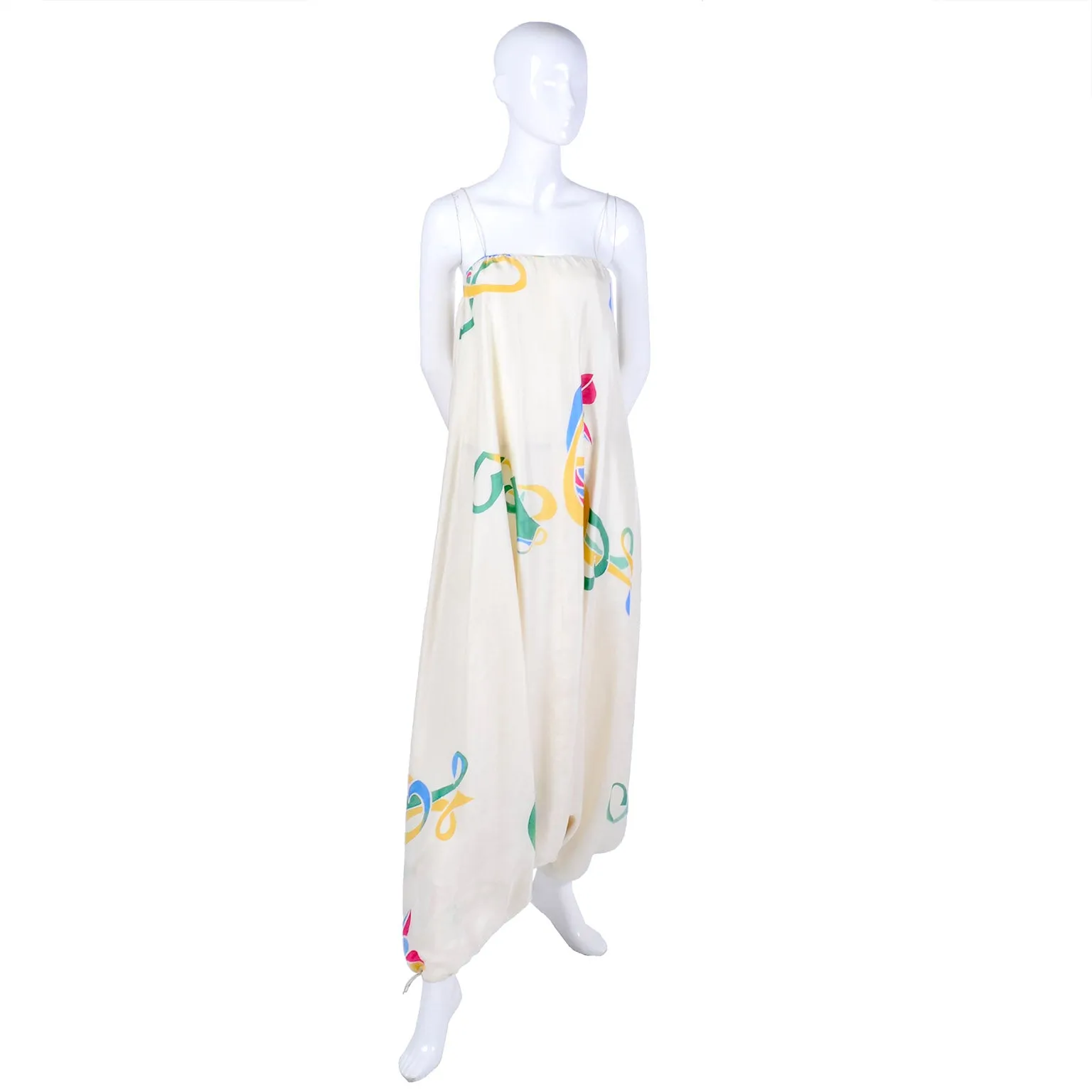 Rare Early Mary McFadden Vintage Jumpsuit in Hand Painted Silk, c. 1978