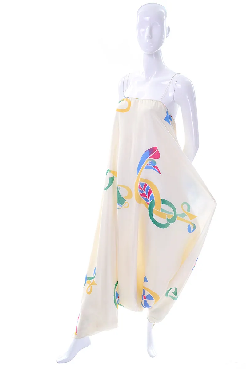 Rare Early Mary McFadden Vintage Jumpsuit in Hand Painted Silk, c. 1978