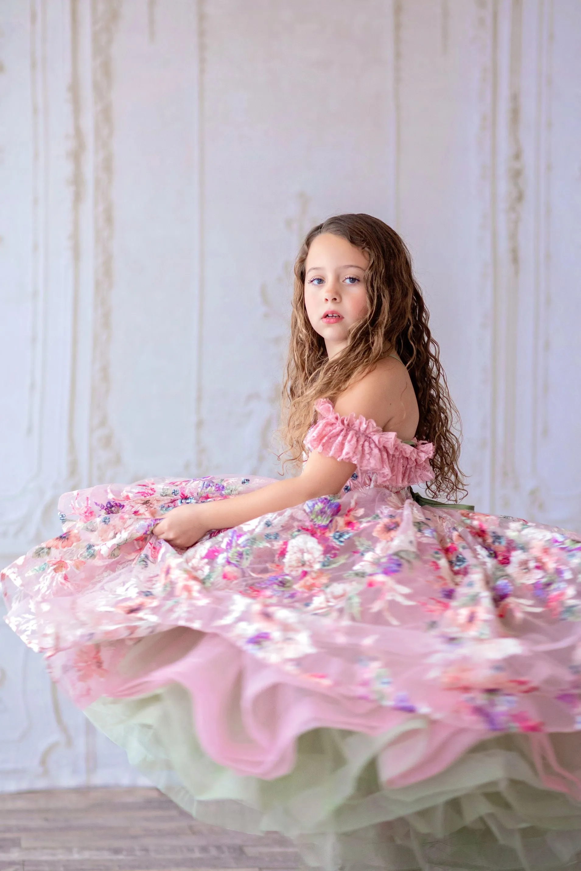 Retired rental guc "MARIBEL"- Floral Bouquet - High Low Length Dress (4 Year - Petite 5 Year)
