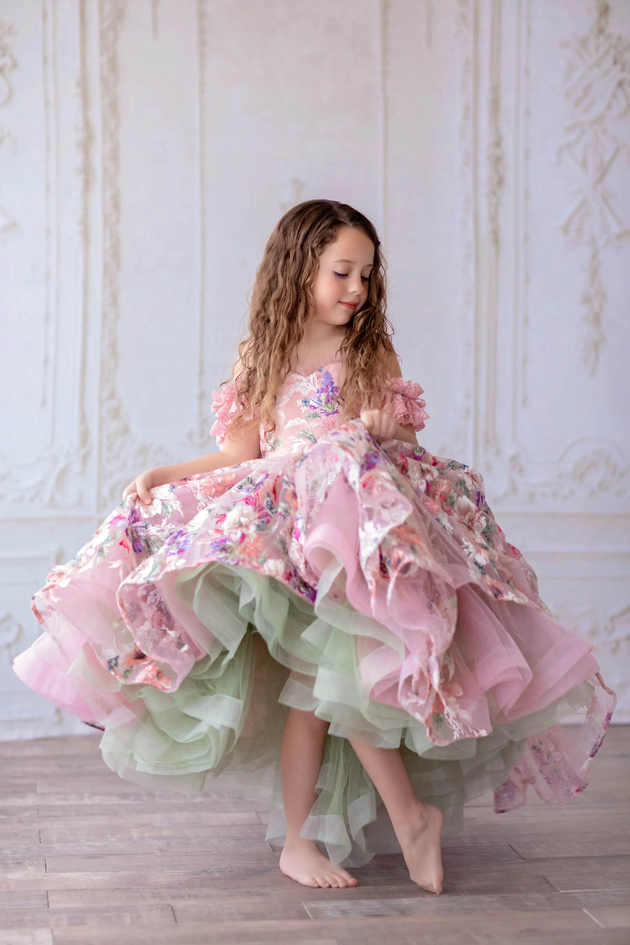 Retired rental guc "MARIBEL"- Floral Bouquet - High Low Length Dress (4 Year - Petite 5 Year)