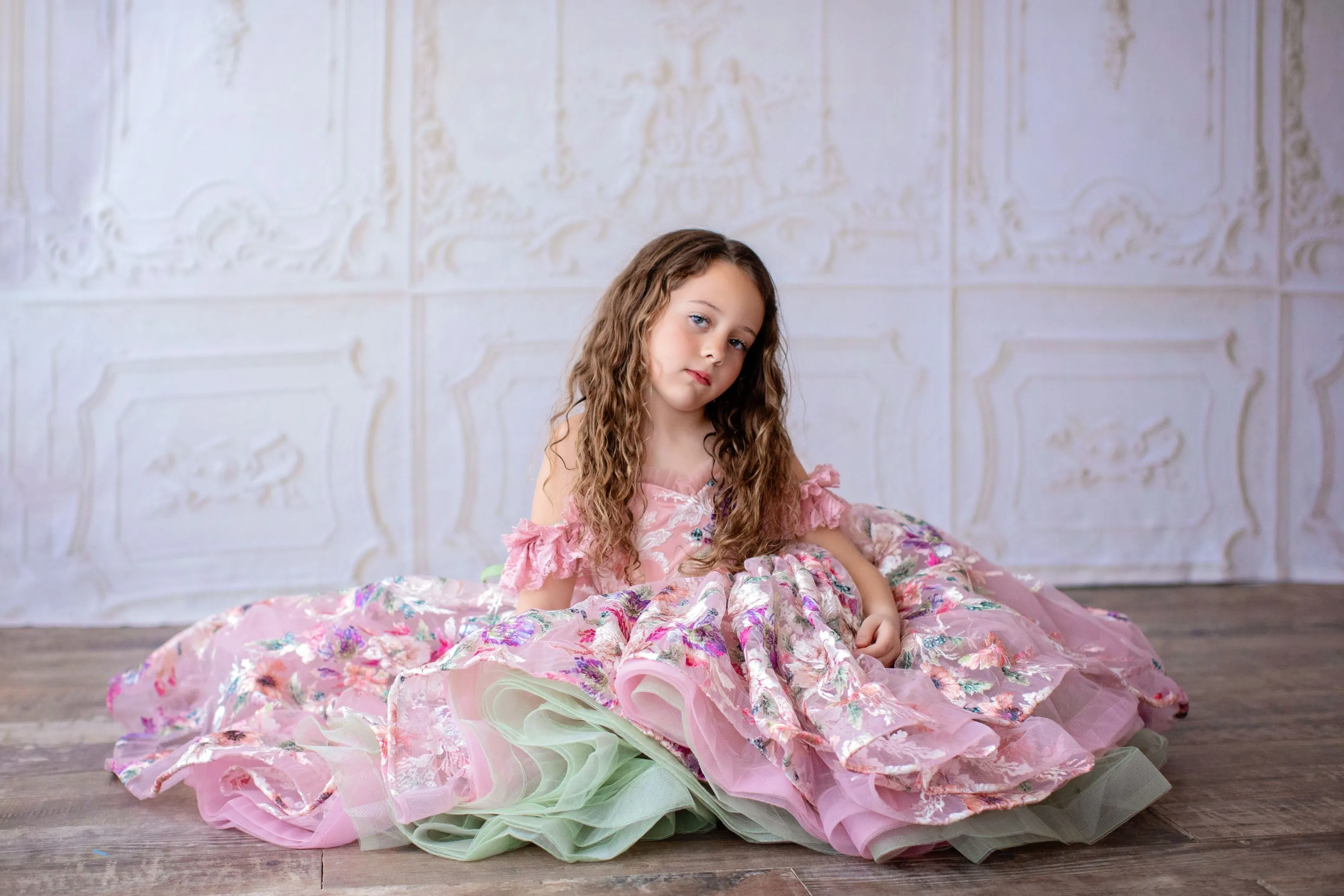 Retired rental guc "MARIBEL"- Floral Bouquet - High Low Length Dress (4 Year - Petite 5 Year)