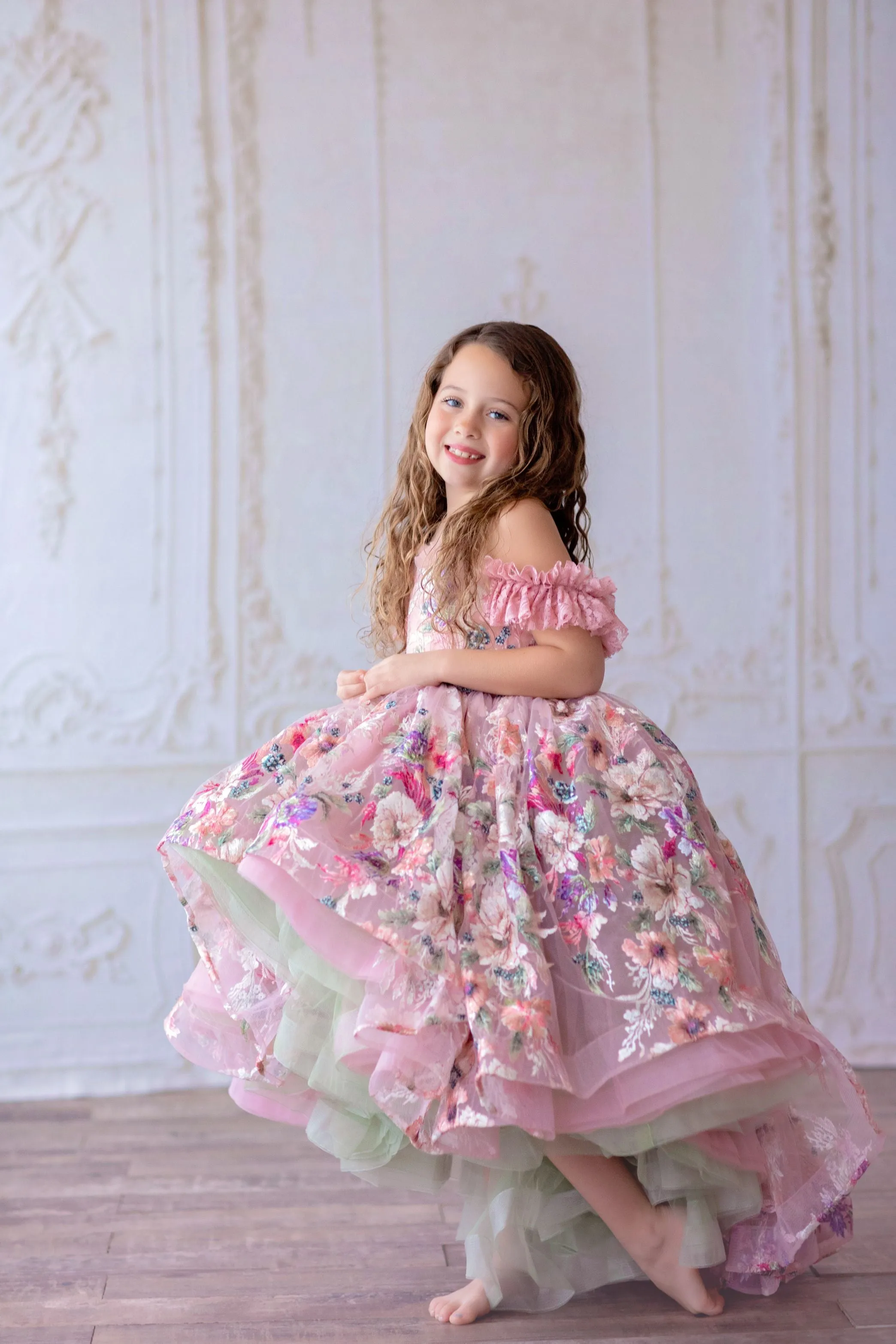 Retired rental guc "MARIBEL"- Floral Bouquet - High Low Length Dress (4 Year - Petite 5 Year)