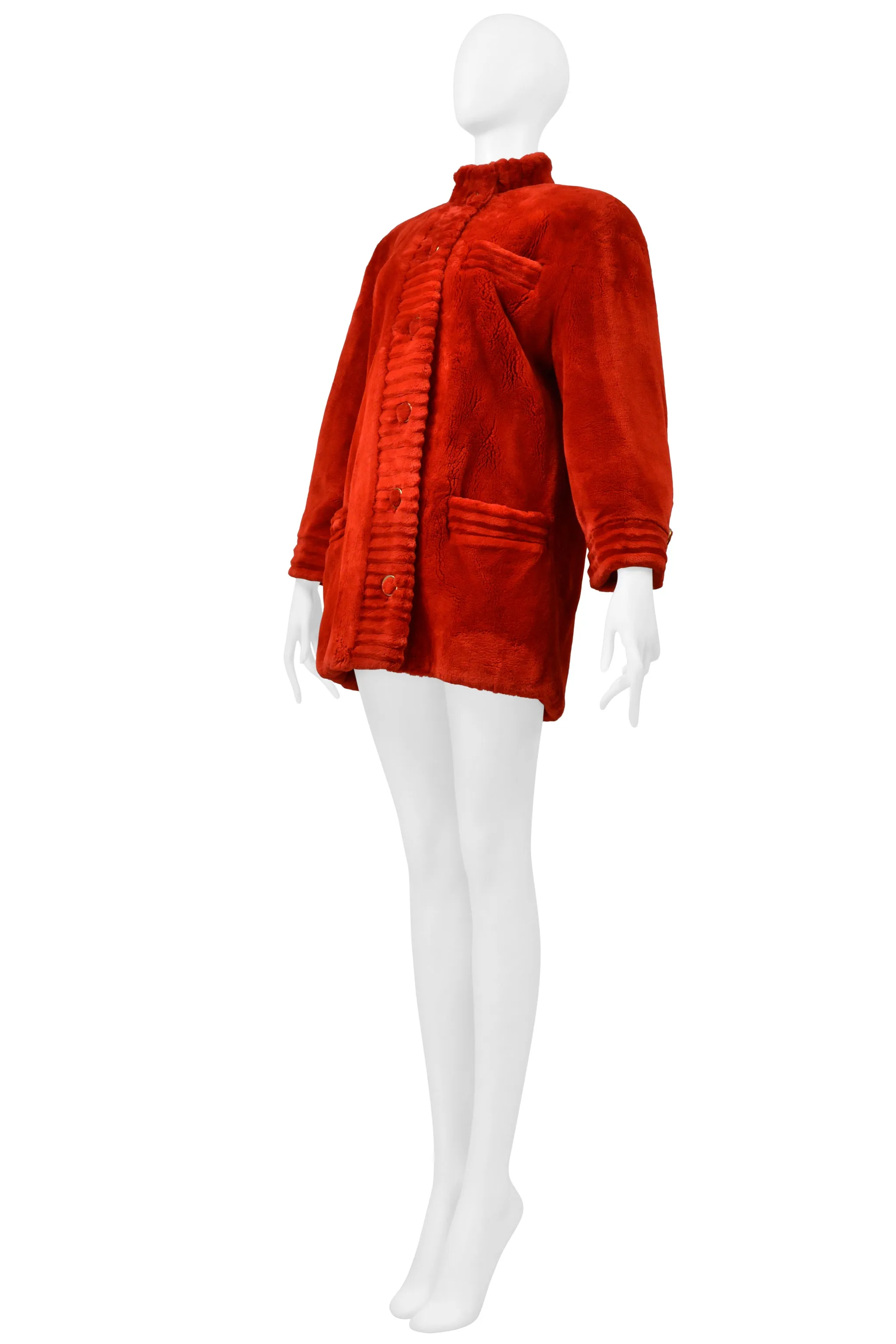 REVILLION RED SHEARED BEAVER FUR COAT WITH GOLD BUTTONS