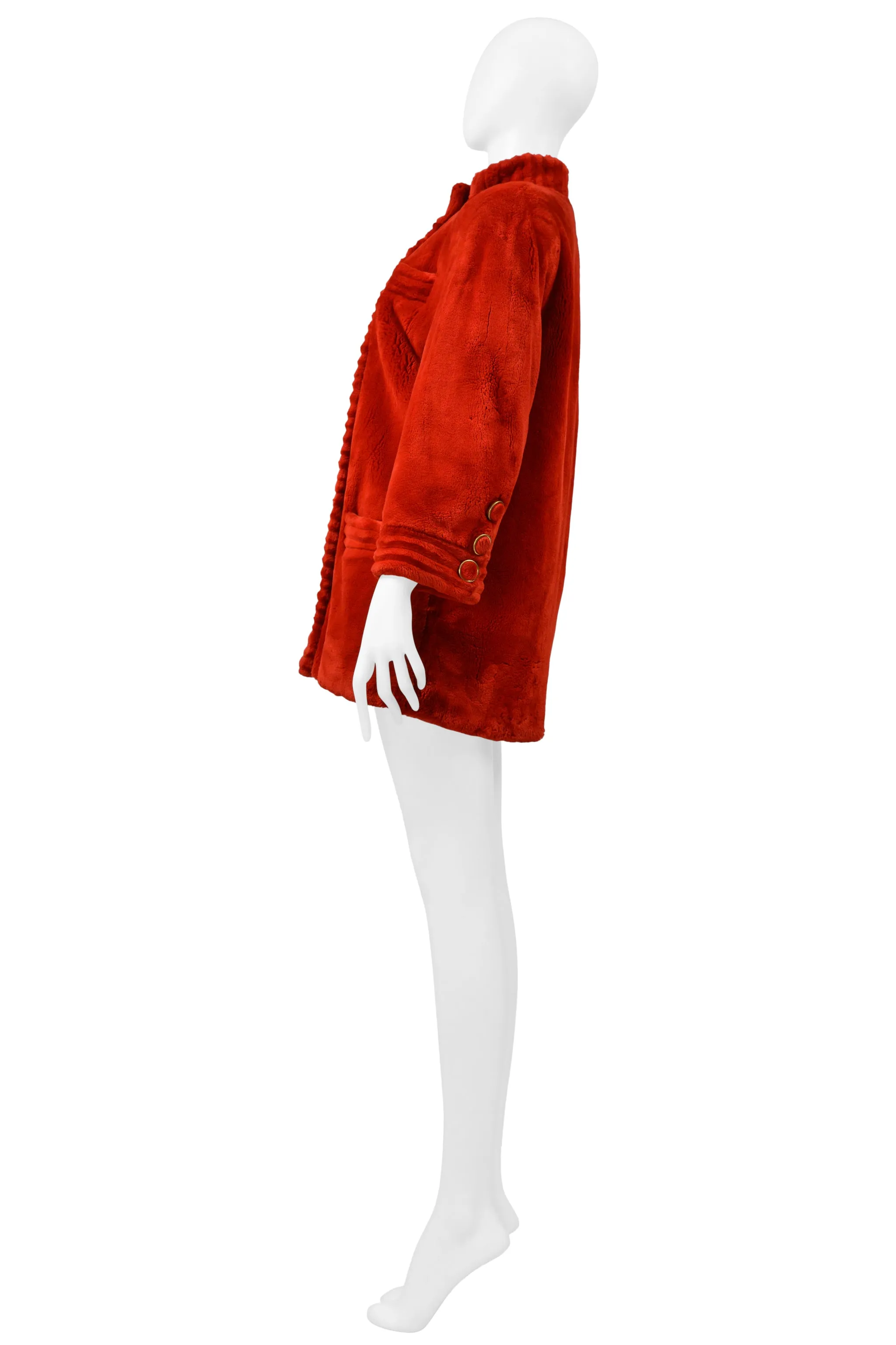 REVILLION RED SHEARED BEAVER FUR COAT WITH GOLD BUTTONS