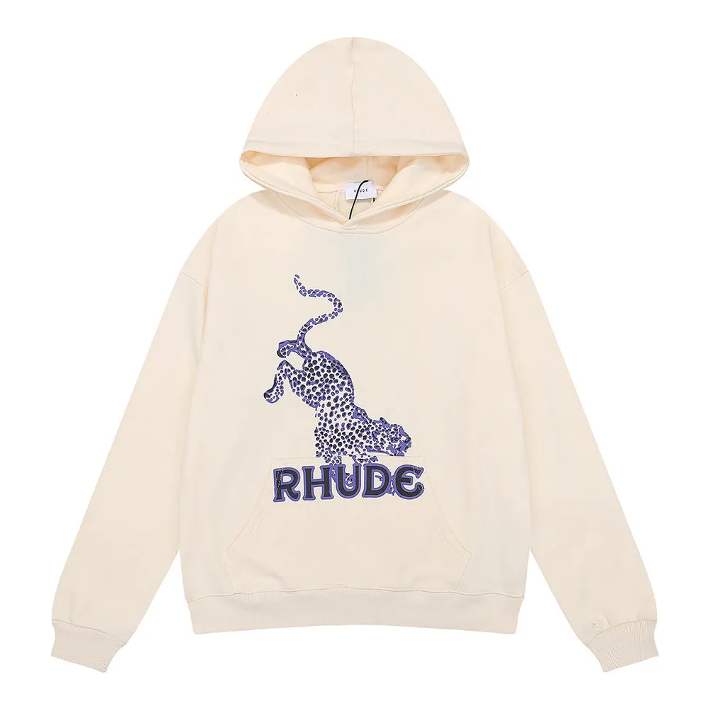 Rhude Hoodie Leopard Printed Cotton Men and Women Couple Hooded Sweater
