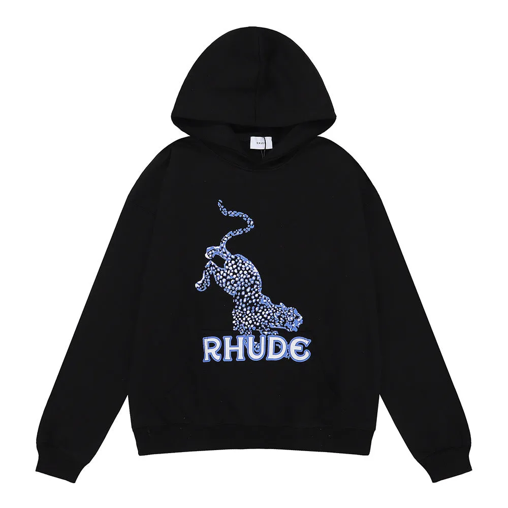Rhude Hoodie Leopard Printed Cotton Men and Women Couple Hooded Sweater