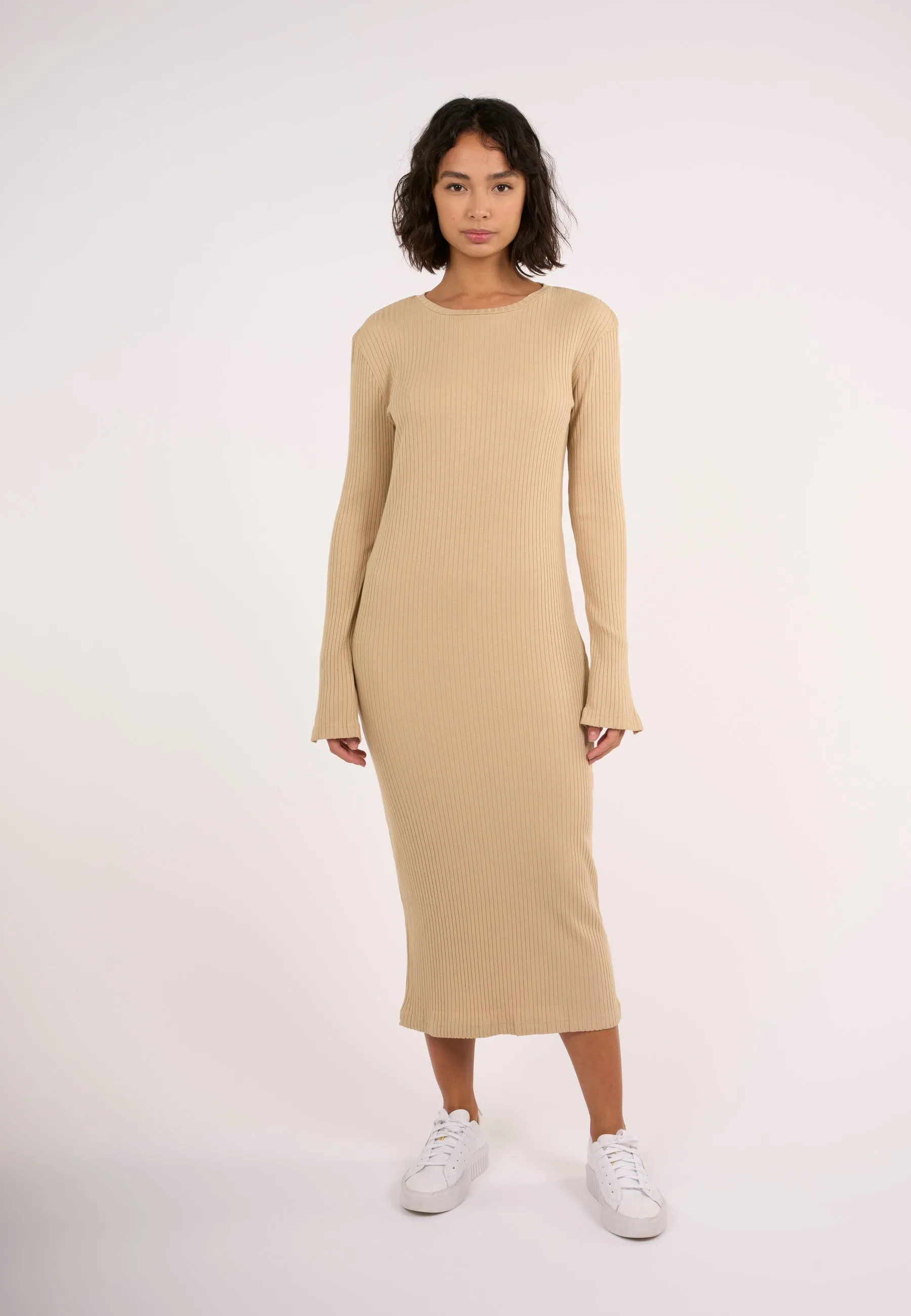 Rib crew neck Lenzing™ slit dress - Safari