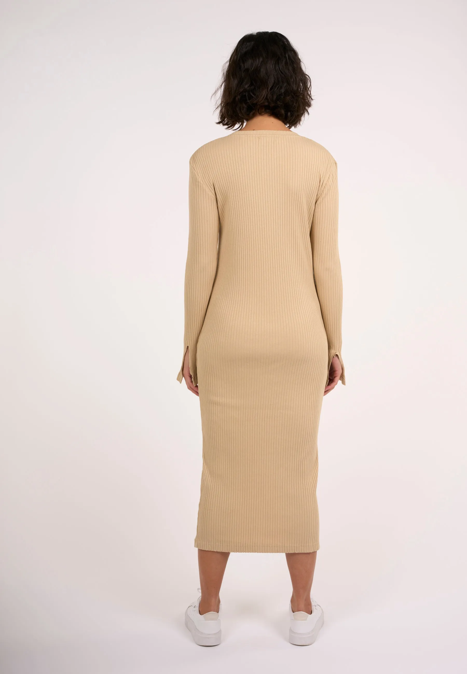 Rib crew neck Lenzing™ slit dress - Safari