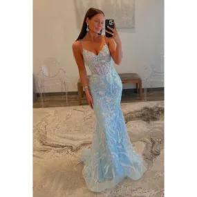 Sexy Hot Sheath V-Neck Straps Fully Floral Sequined Floor-Length Party Gown Prom Dress