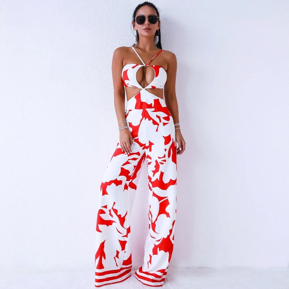 Sexy sleeveless  backless hollow out print   jumpsuit