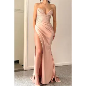 Sexy V-neck High Split Satin Pleated Long Prom Formal Dress