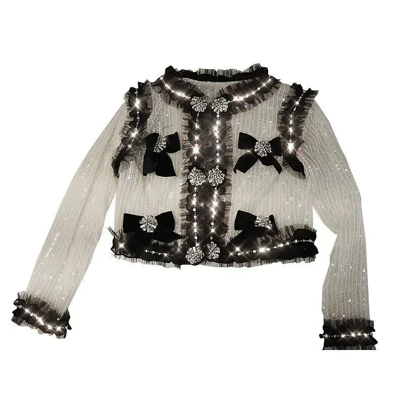 Socialite Heavy Beads Rhinestone Sequins Bow Mesh Short Coat