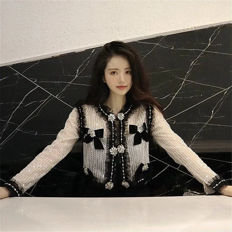 Socialite Heavy Beads Rhinestone Sequins Bow Mesh Short Coat