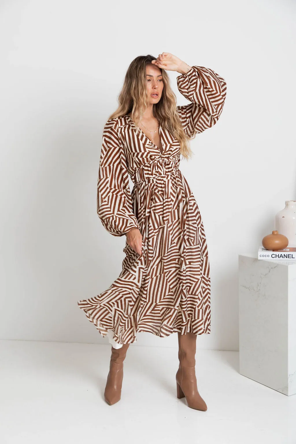 Solana Midi Dress - Abstract Choc Print