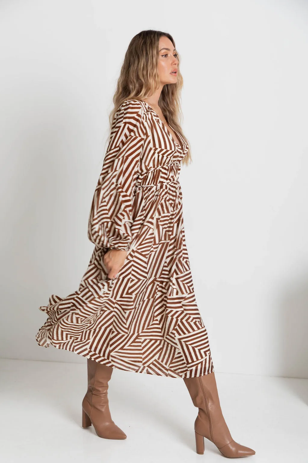 Solana Midi Dress - Abstract Choc Print