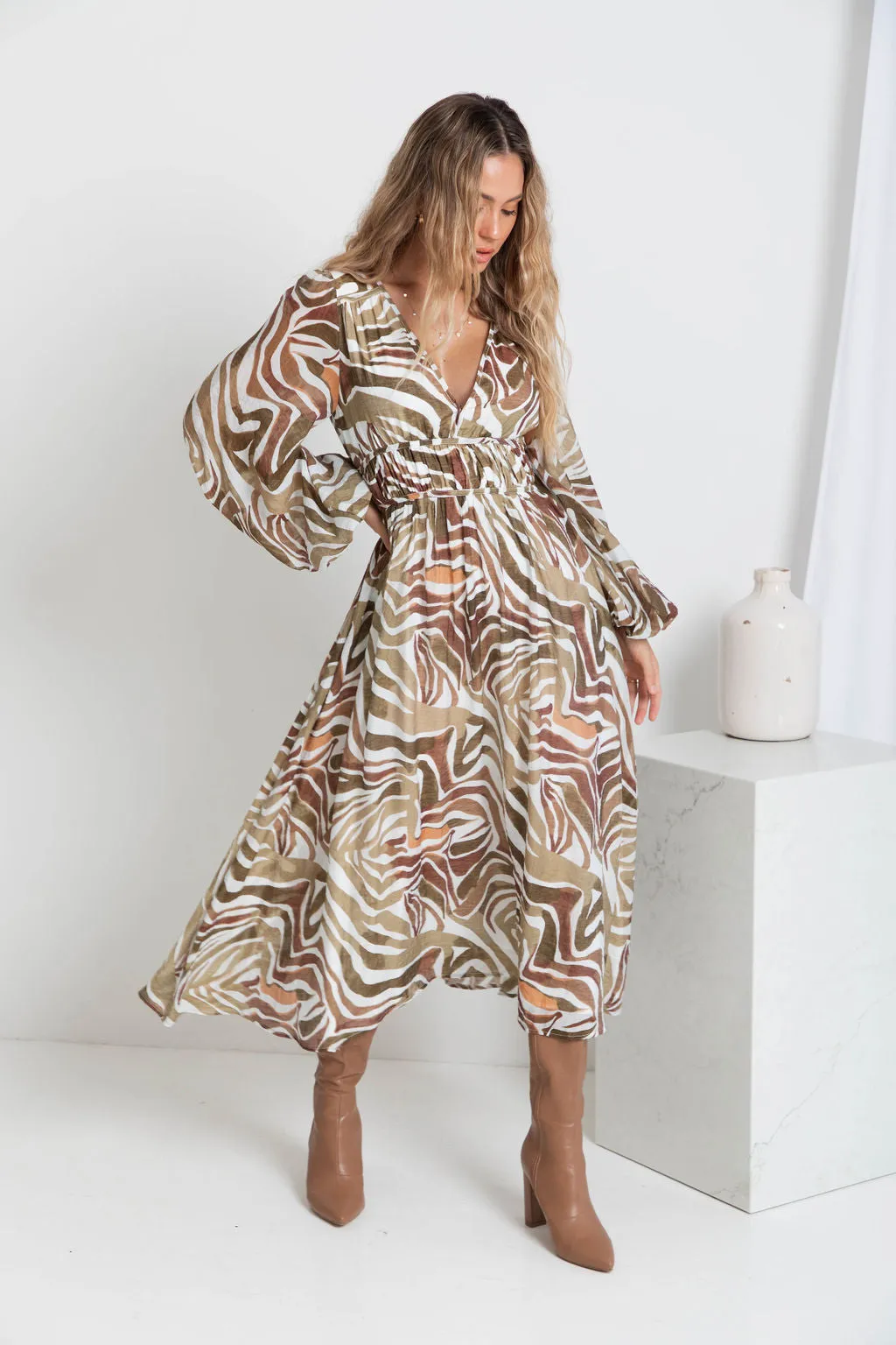 Solana Midi Dress - Khaki Zebra Print