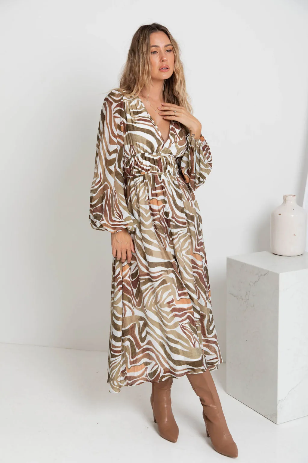 Solana Midi Dress - Khaki Zebra Print