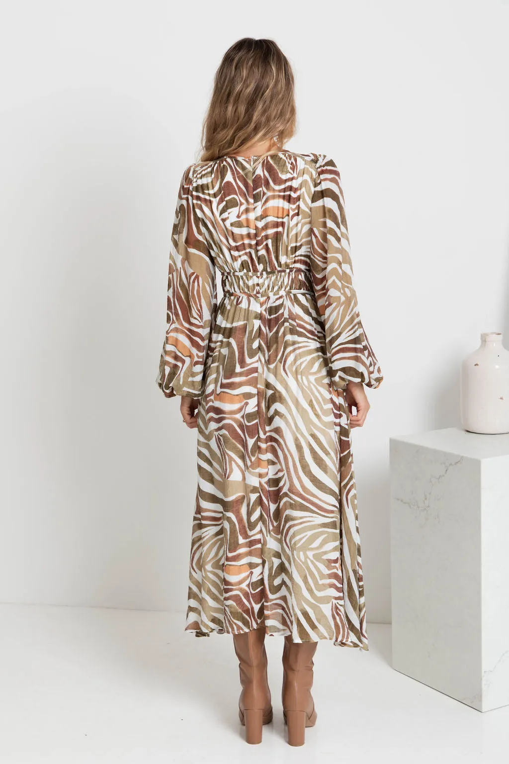 Solana Midi Dress - Khaki Zebra Print