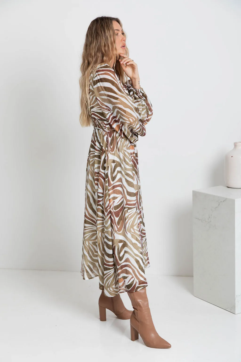 Solana Midi Dress - Khaki Zebra Print