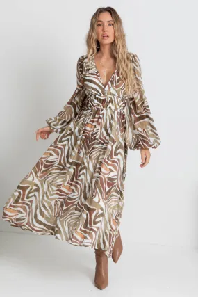 Solana Midi Dress - Khaki Zebra Print