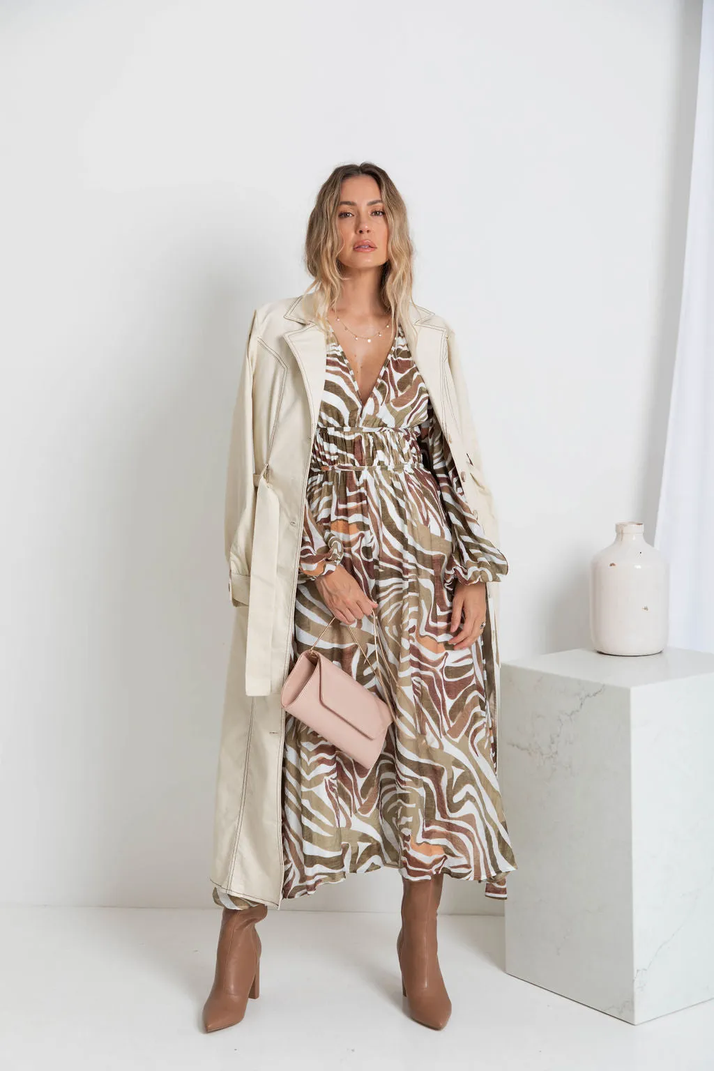 Solana Midi Dress - Khaki Zebra Print