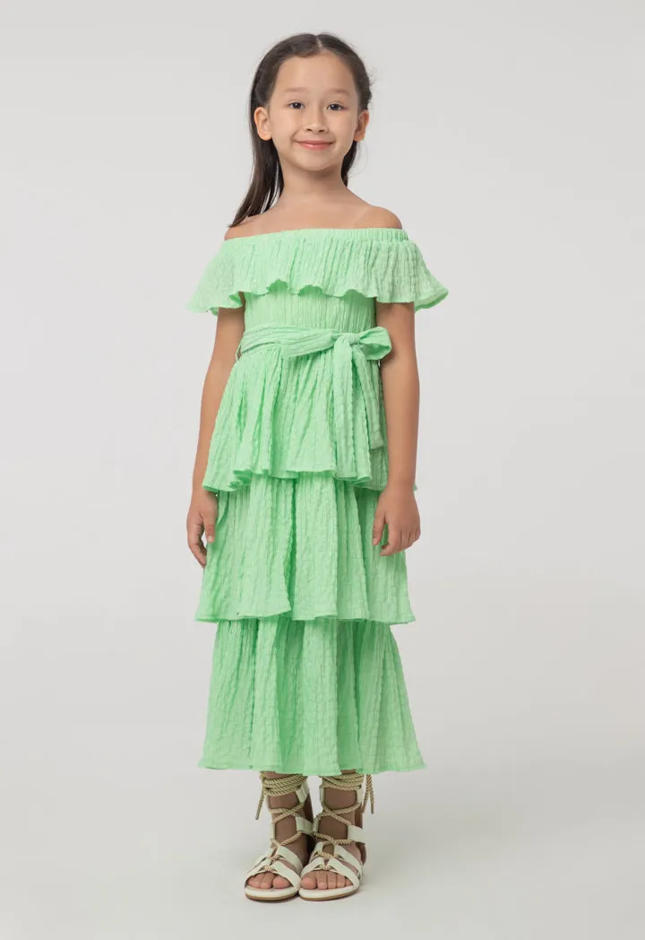 Solid Seersucker Off-The-Shoulder Tiered Dress