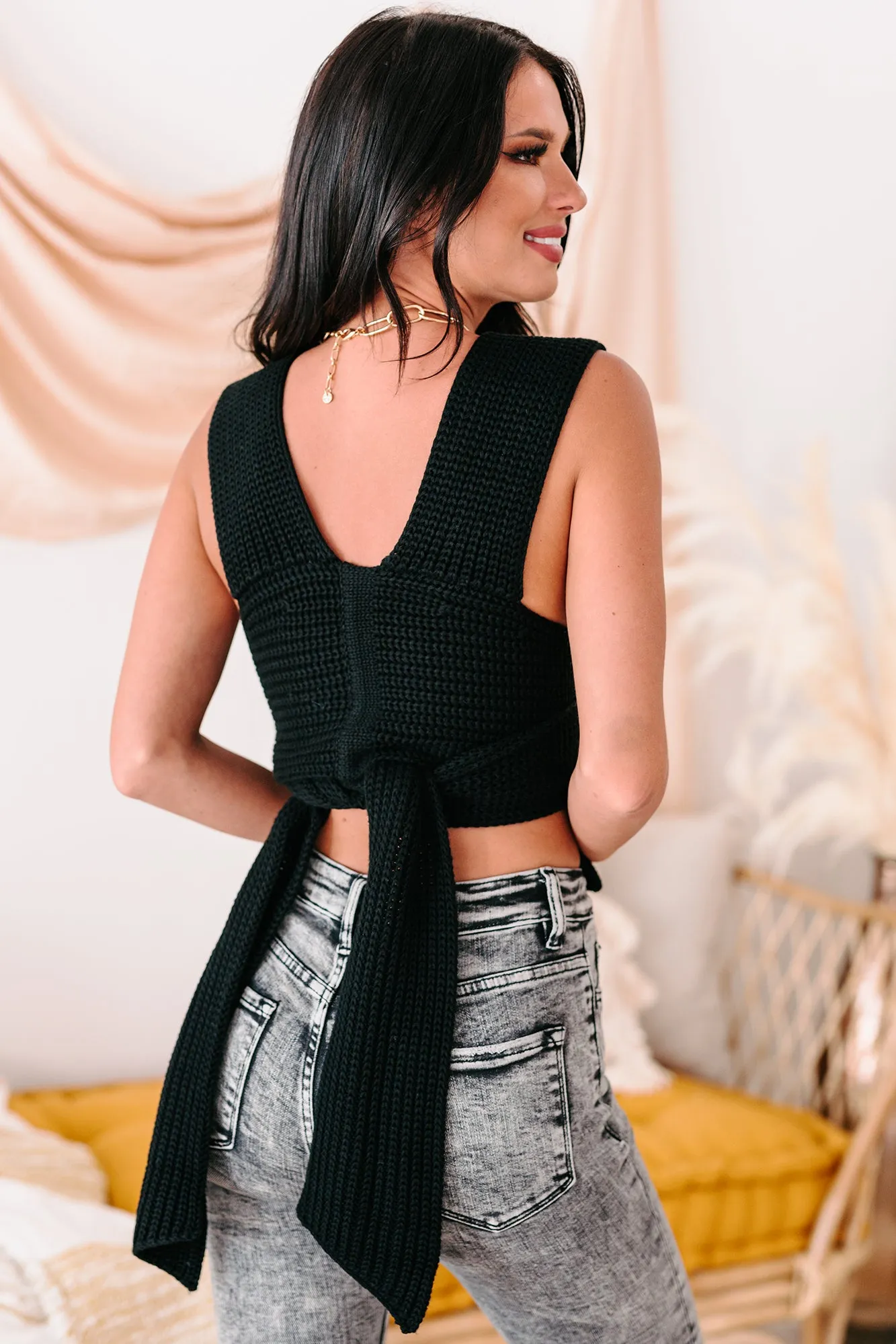 Strappy Hour Sweater Knit Wrap Top (Black)