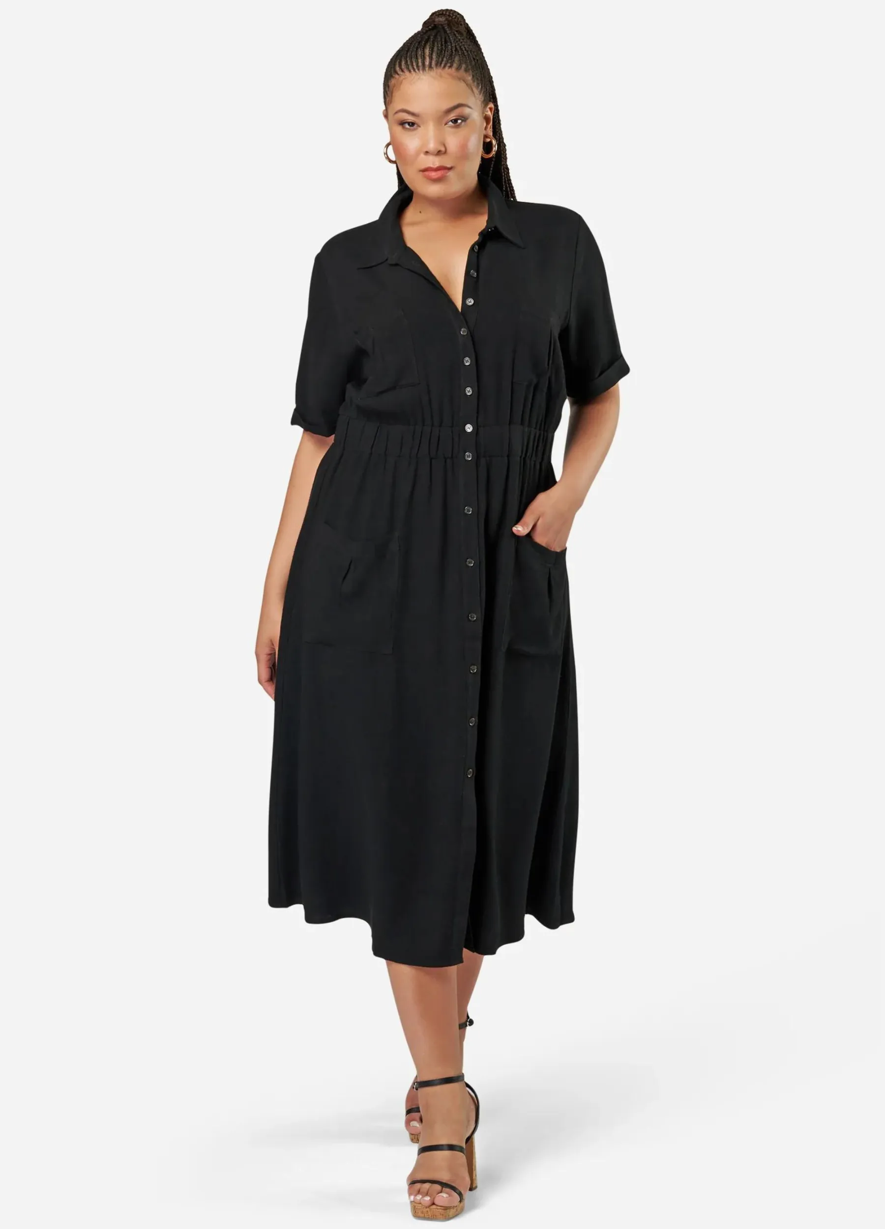 Sunday in the City - Short Sleeve Gone Rogue Midi Shirt Dress - Black