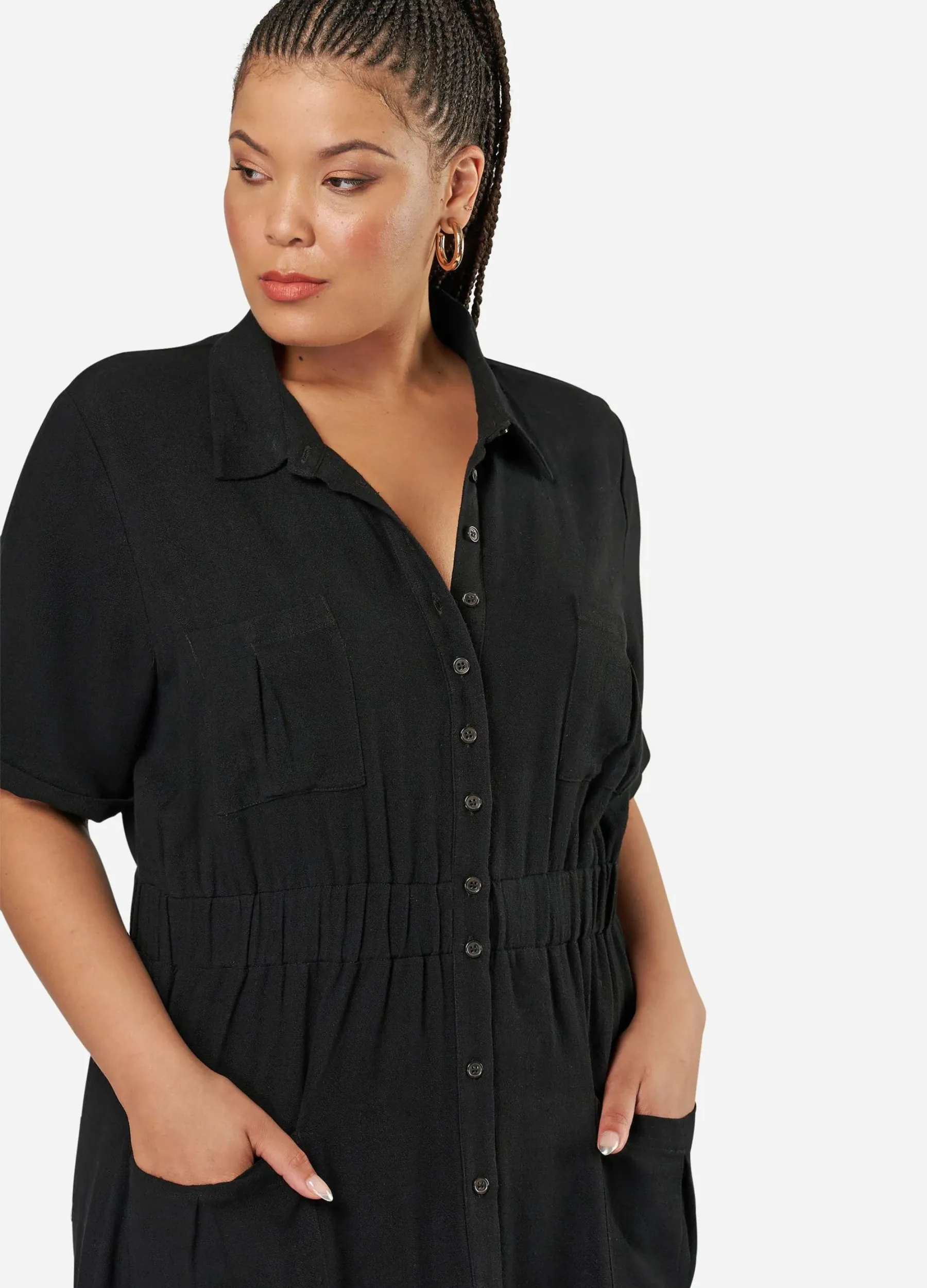 Sunday in the City - Short Sleeve Gone Rogue Midi Shirt Dress - Black