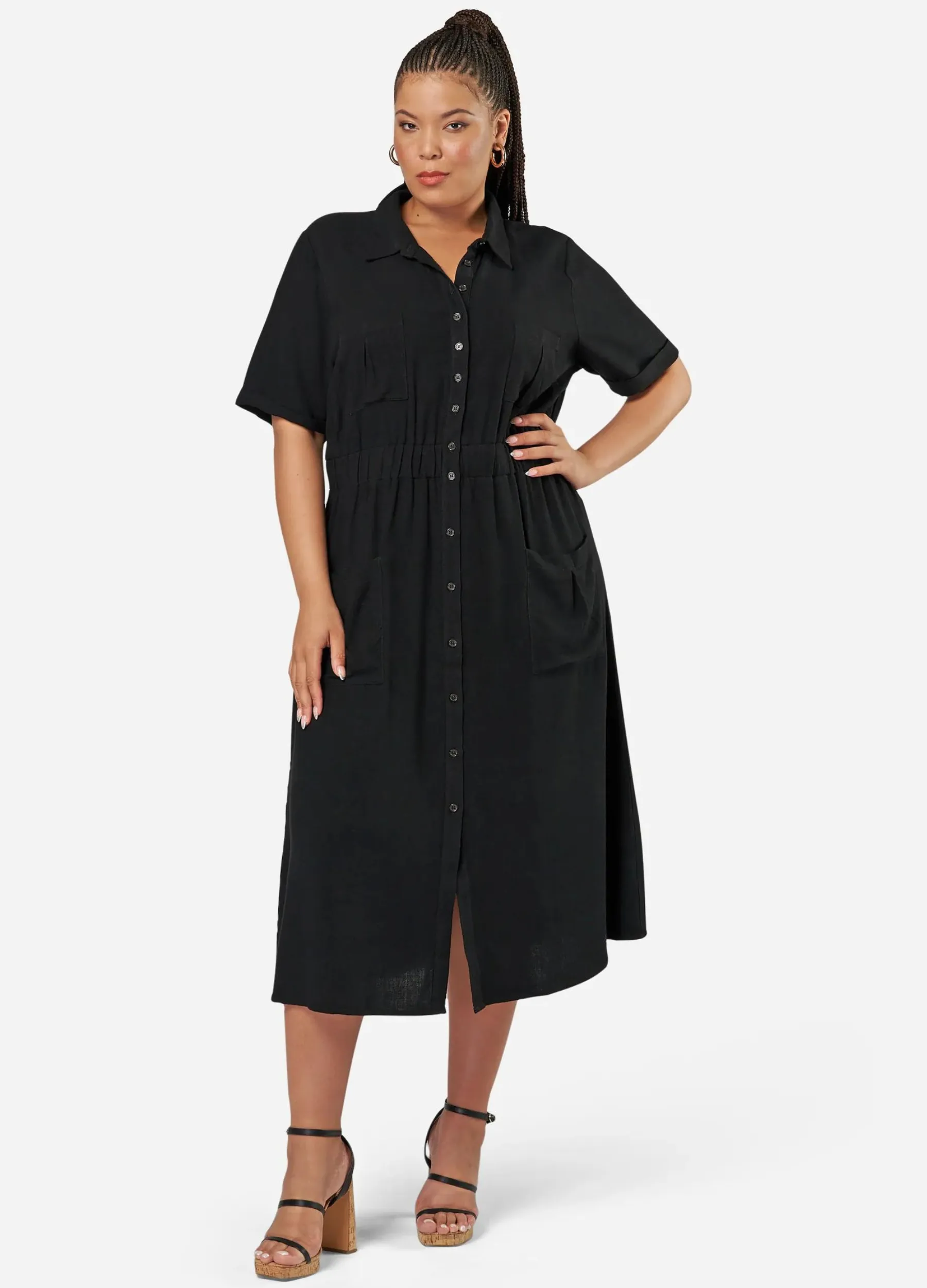 Sunday in the City - Short Sleeve Gone Rogue Midi Shirt Dress - Black