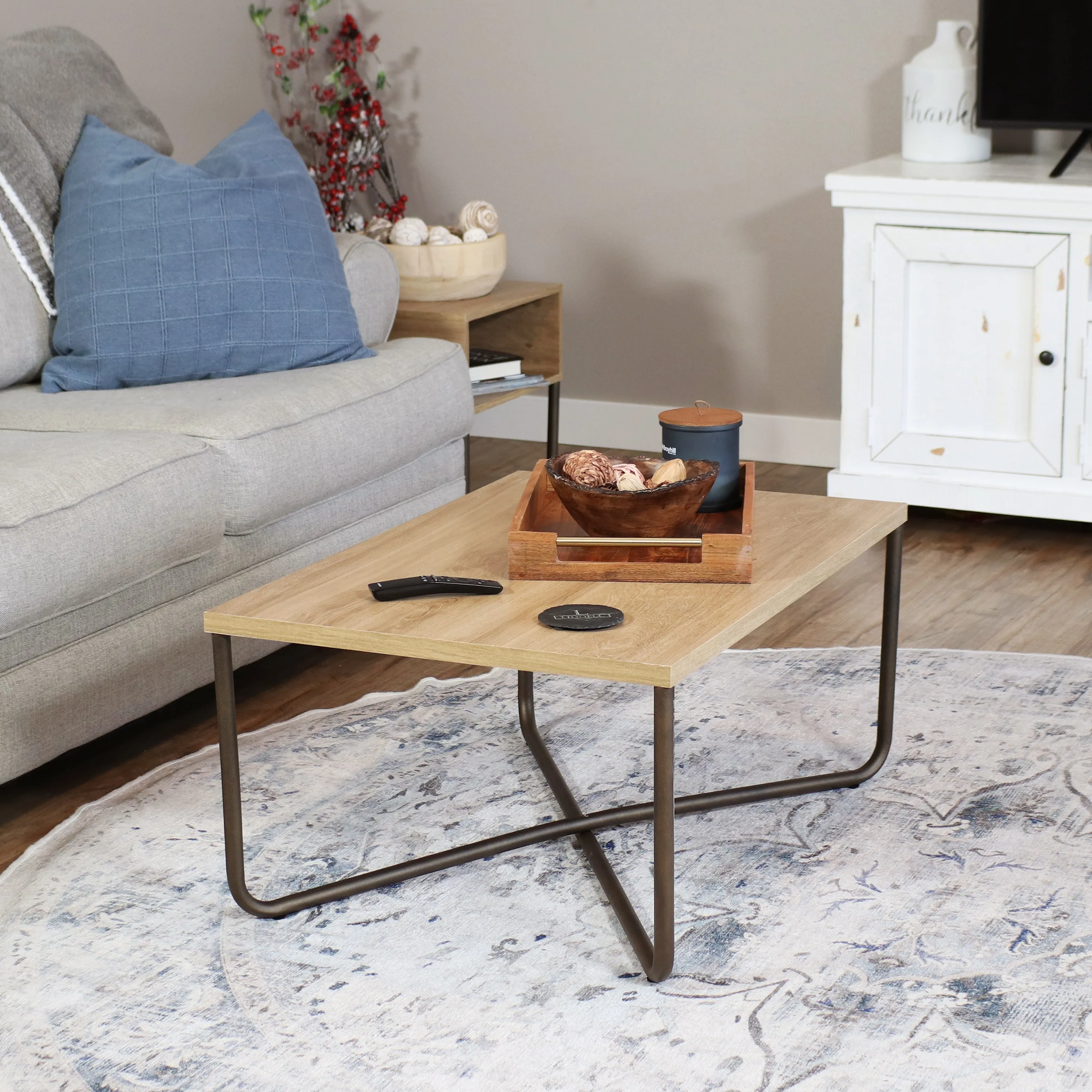 Sunnydaze Industrial Coffee Table with Cross Legs - Brown