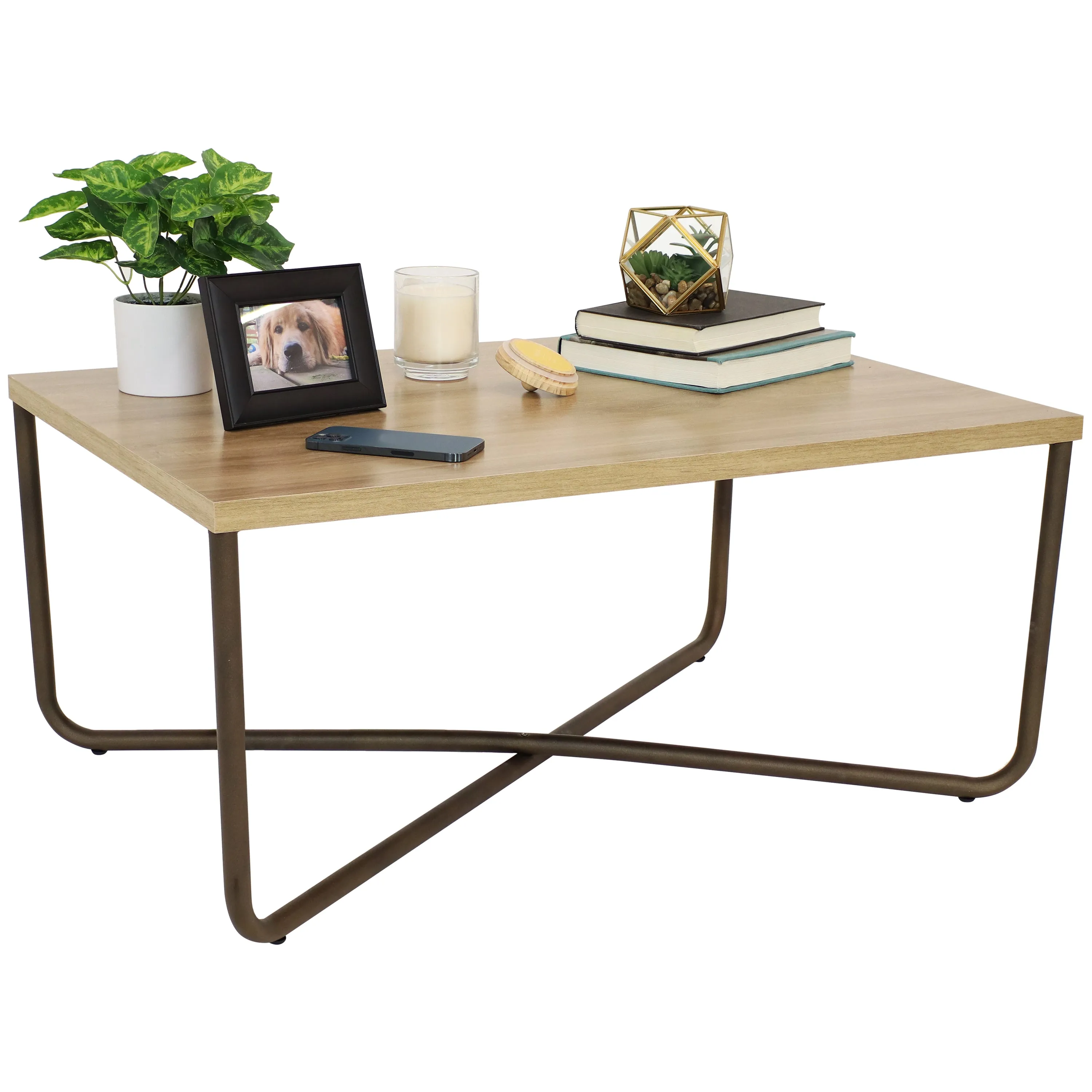 Sunnydaze Industrial Coffee Table with Cross Legs - Brown
