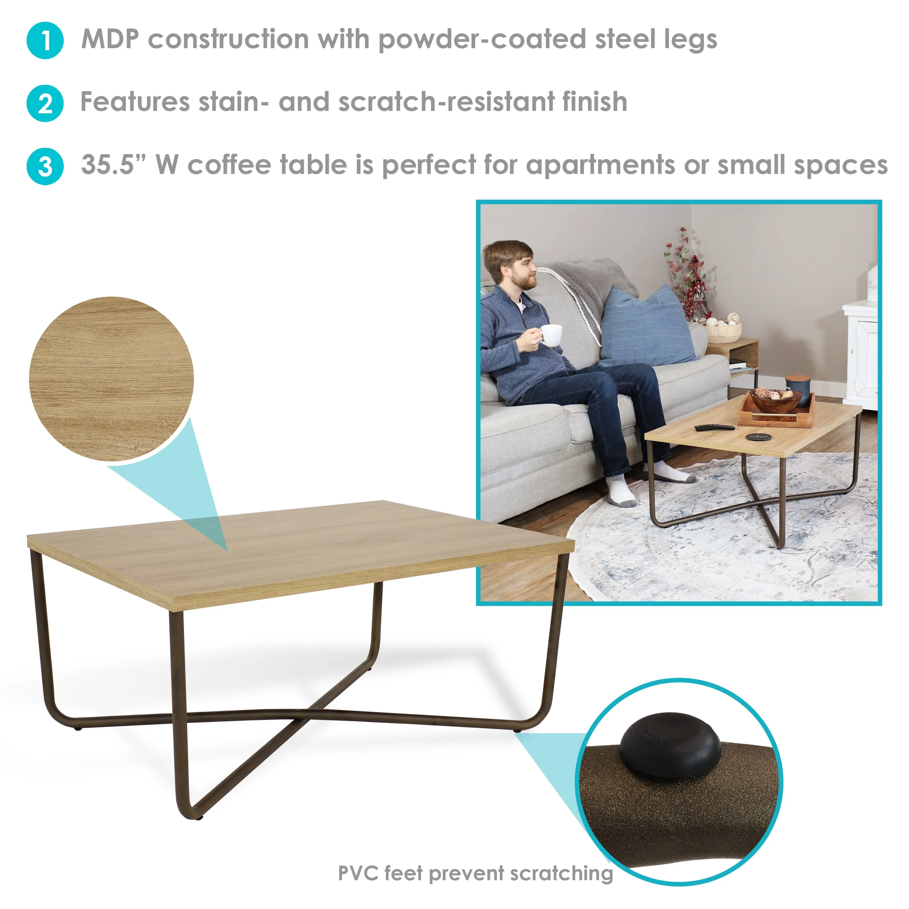 Sunnydaze Industrial Coffee Table with Cross Legs - Brown