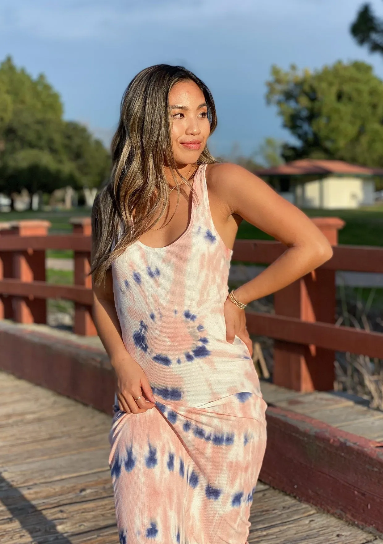 Sunset Tie Dye Micro Rib Tank Dress