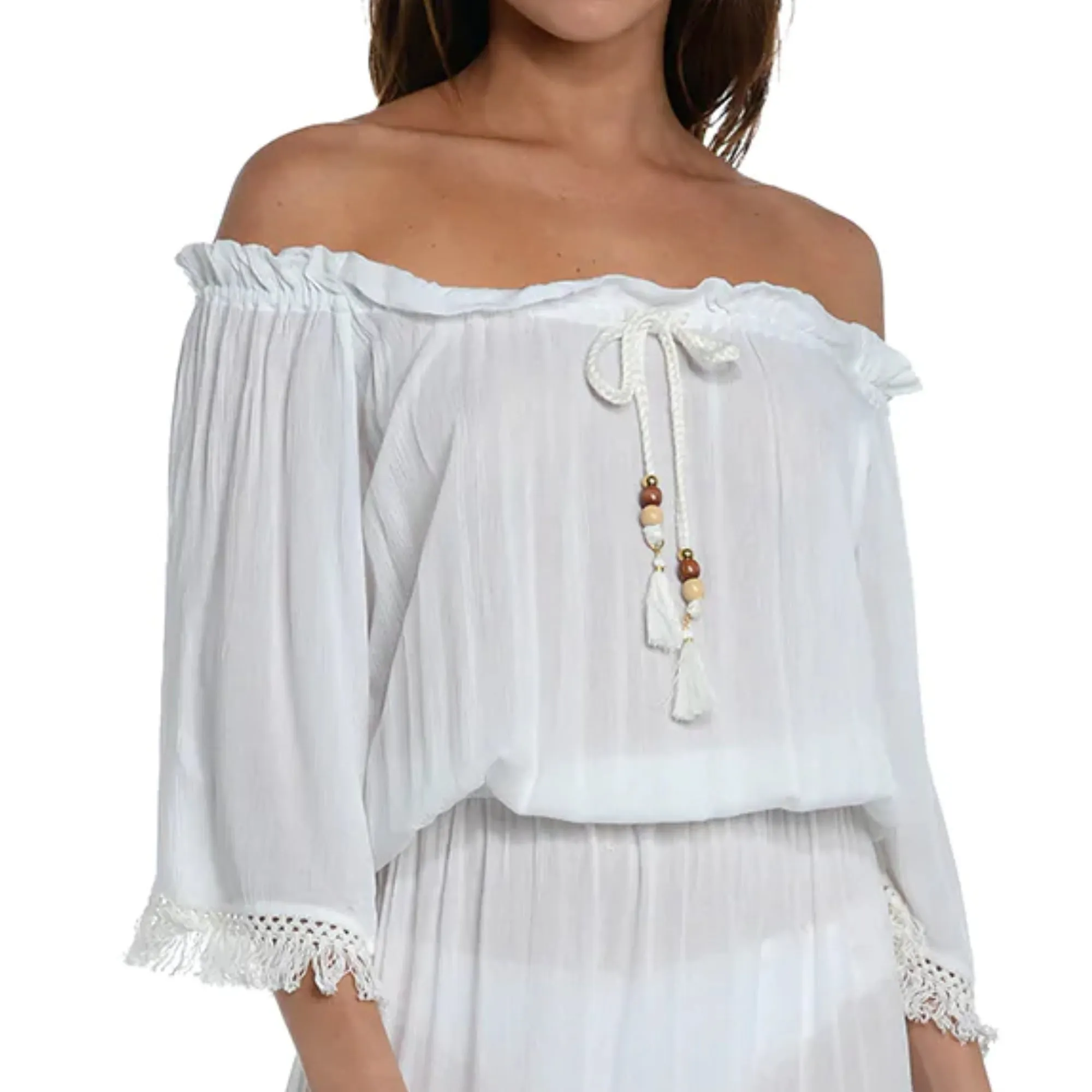 SUNSHINE 79 Women's Crochet Trim Off-the-shoulder Midi Dress Beach Swim Cover-Up