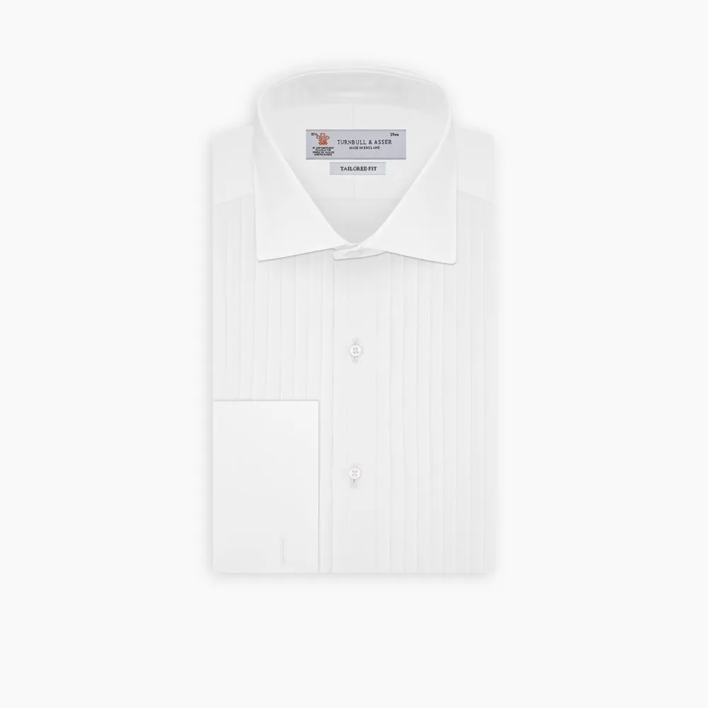 Tailored Fit White Pleated Front Shirt with Kent Collar and Double Cuffs